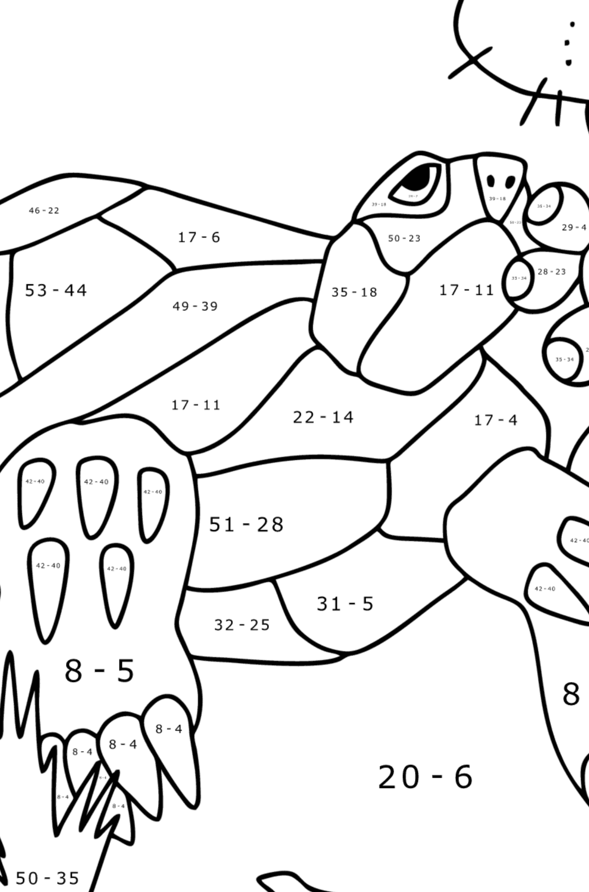 Disegno da colorare Tartaruga nel deserto - Colorazione matematica - Sottrazione per bambini