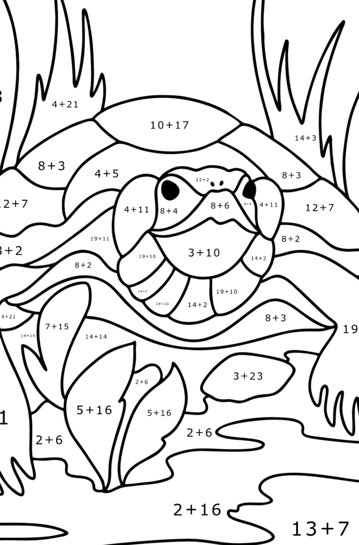 Disegno da colorare Tartaruga - Colorazione matematica - Addizione per bambini