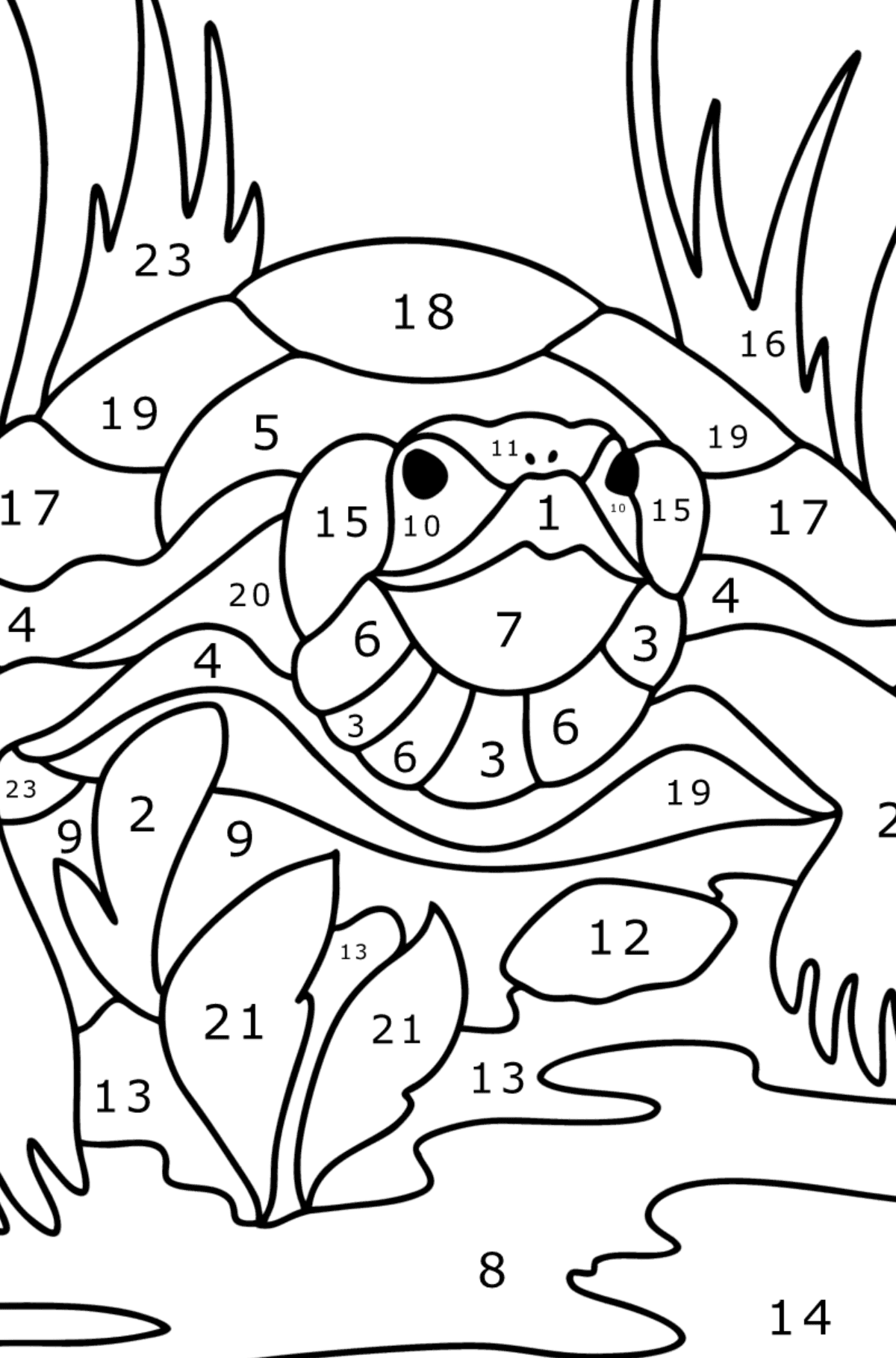 Mewarnai gambar Kura-kura di alam - Pewarnaan mengikuti Nomor untuk anak-anak