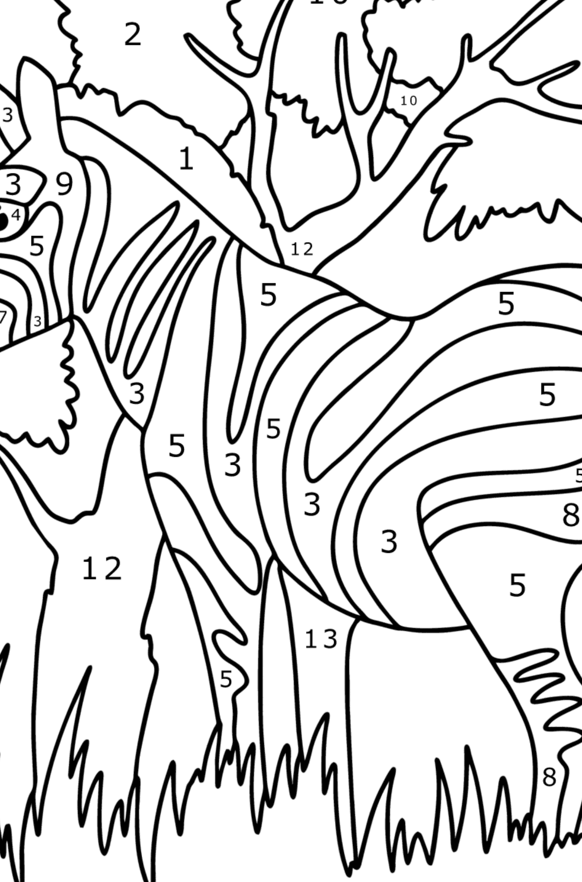 Mewarnai gambar Zebra di alam - Pewarnaan mengikuti Nomor untuk anak-anak