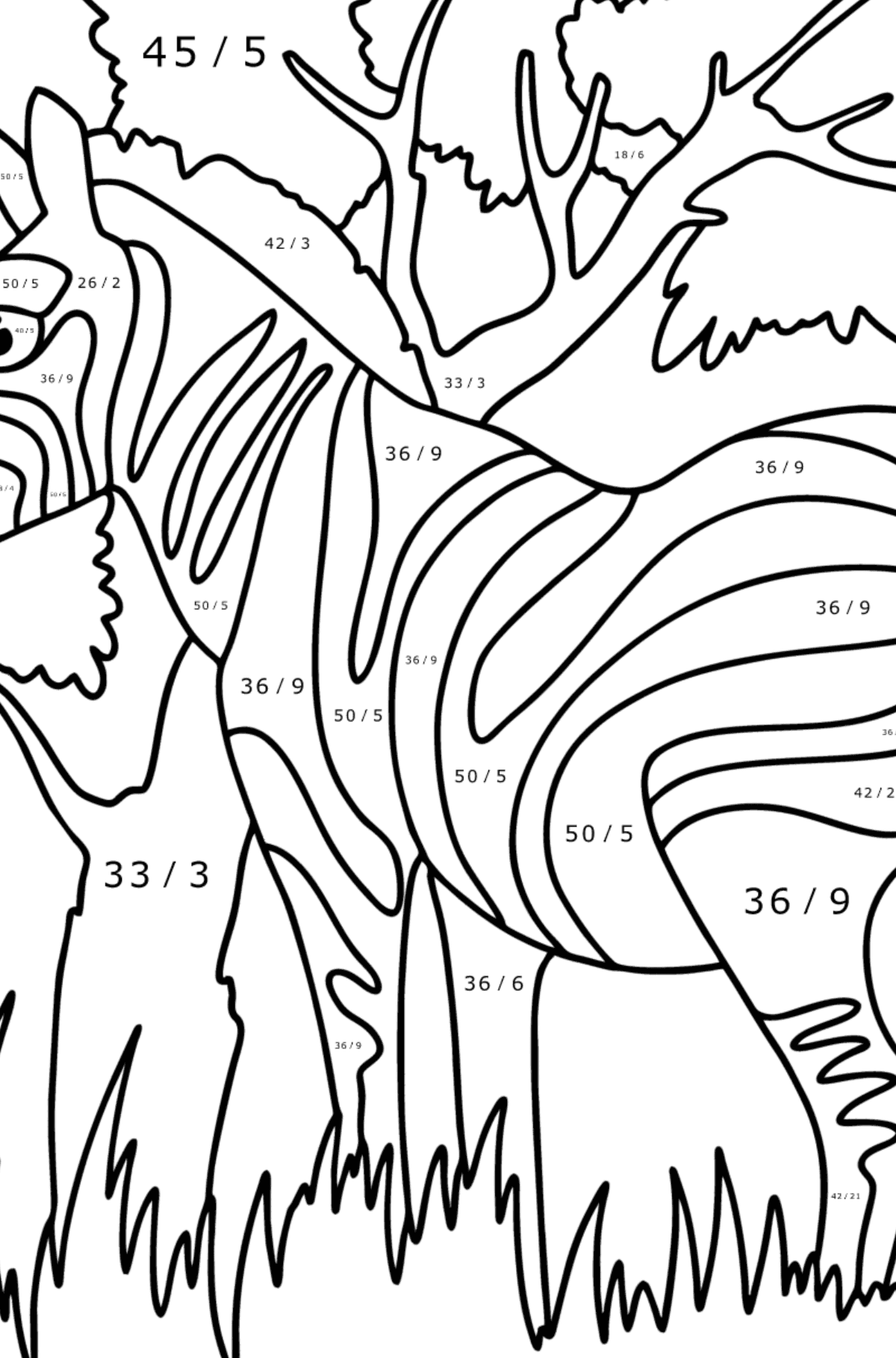 Mewarnai gambar Zebra di alam - Pewarnaan Matematika: Pembagian untuk anak-anak