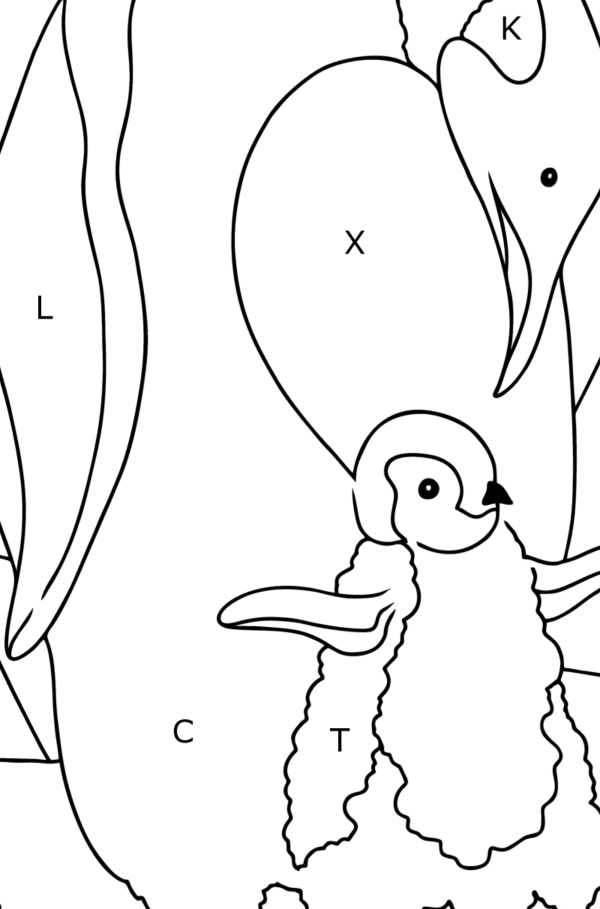 Tegning til farvning pingvin (let) - Farvelægning af brevene for børn