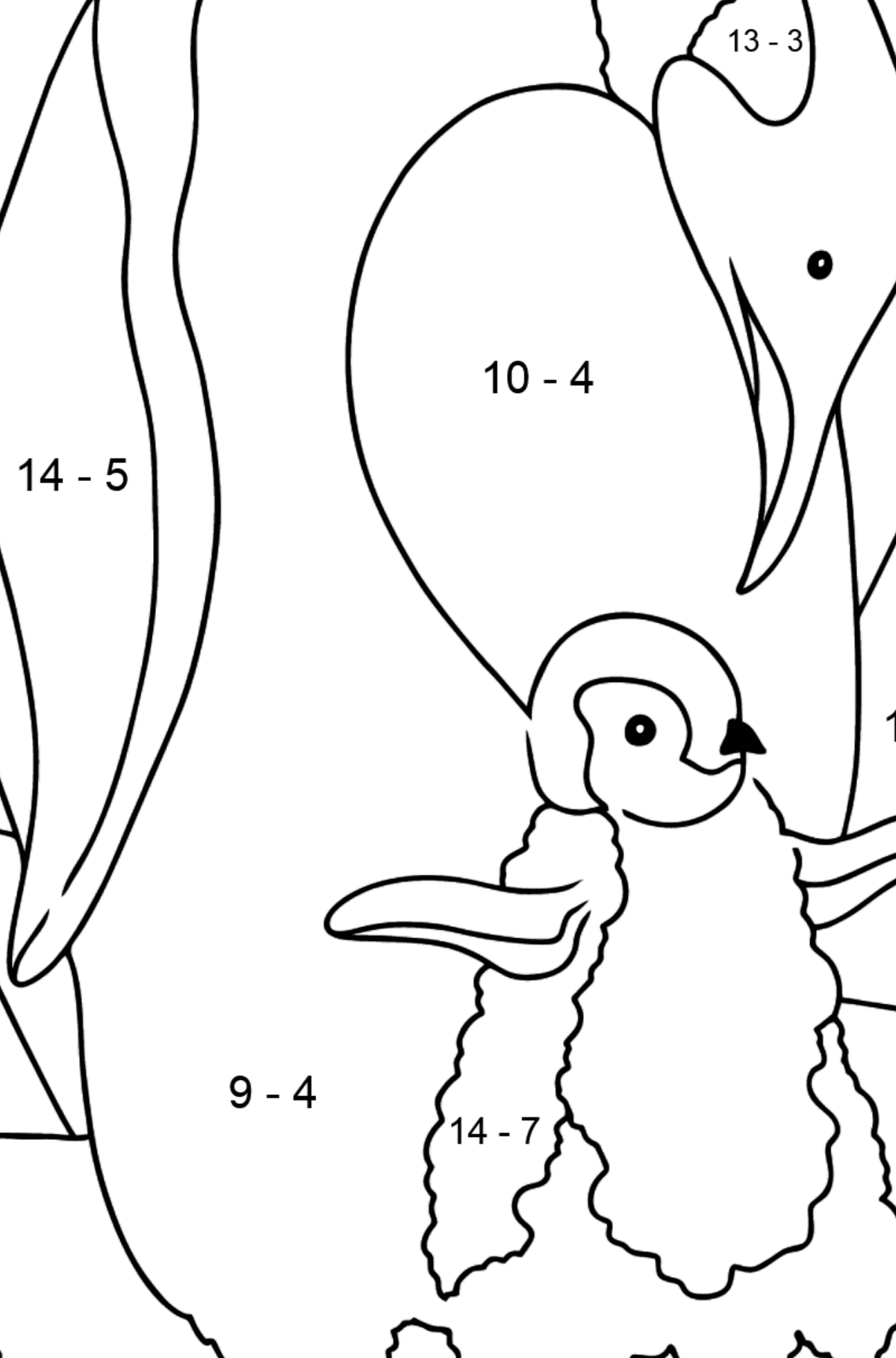 Tegning til farvning pingvin (let) - Matematisk farvelægning side -- Subtraktion for børn