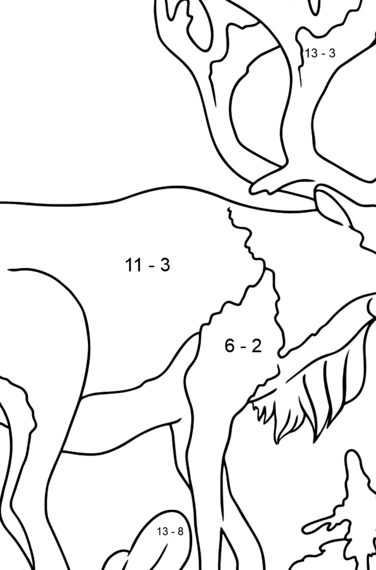 Tegning til farvning hjorte (let) - Matematisk farvelægning side -- Subtraktion for børn