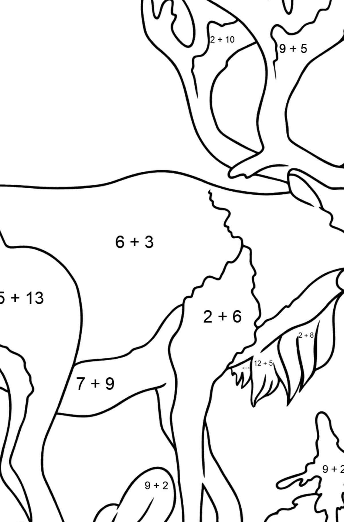 Malvorlage - Ein Hirsch mit prächtigem Geweih - Mathe Ausmalbilder - Addition für Kinder
