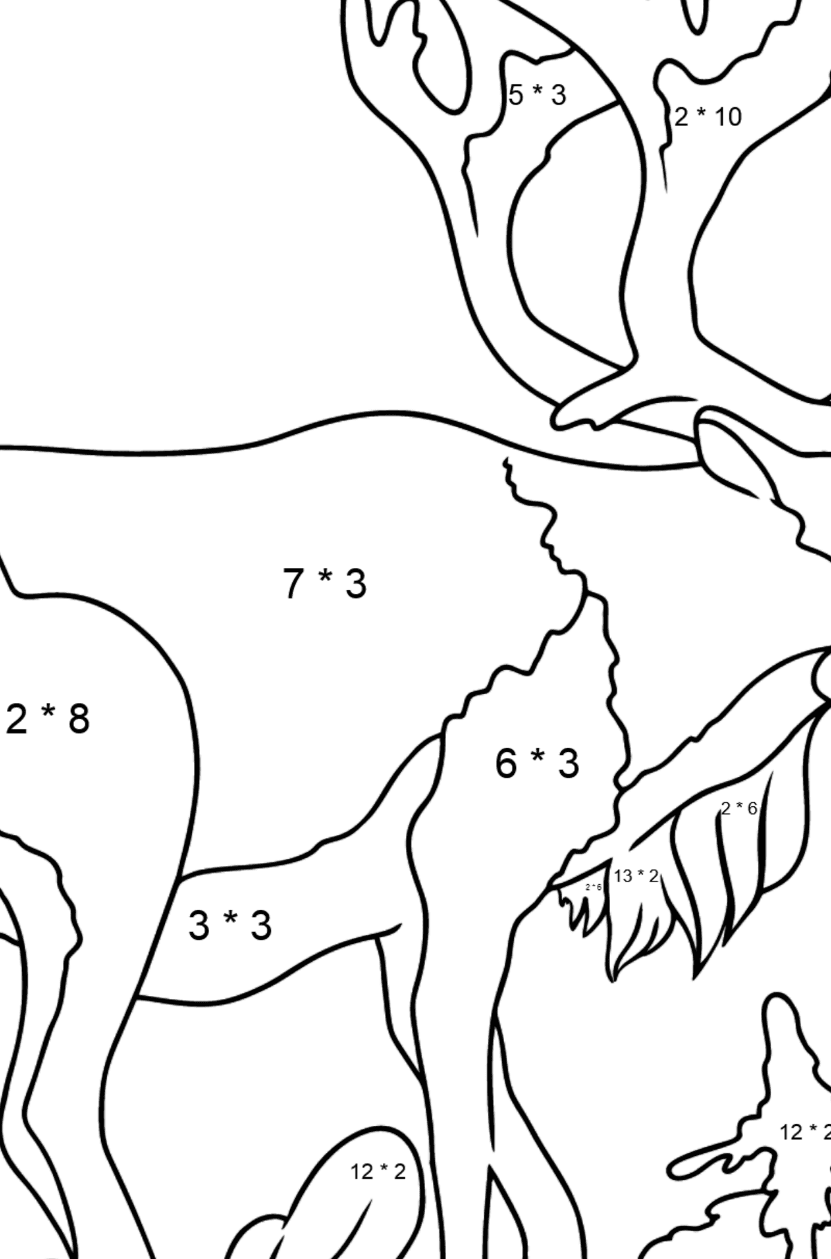 Tegning til farvning hjorte til børn - Matematisk farvelægning side -- Multiplikation for børn