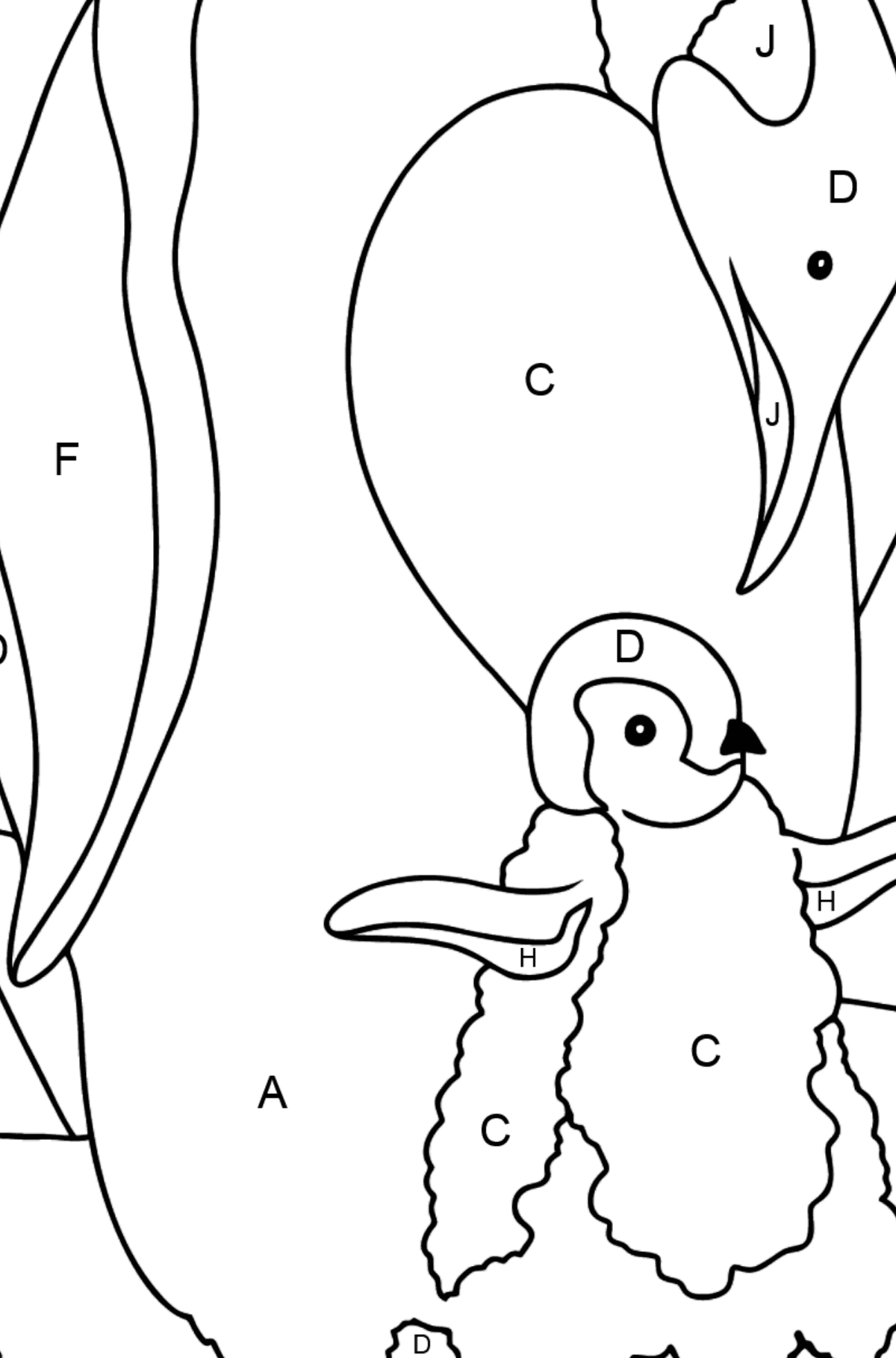 Malvorlage - Ein Pinguin mit einem Baby - Ausmalen nach Buchstaben für Kinder