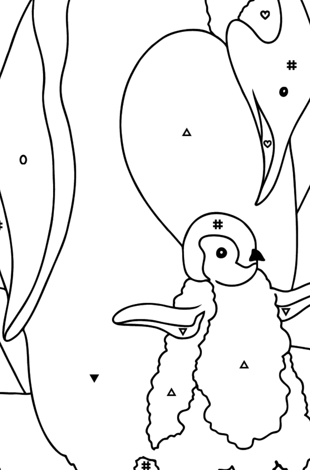 Coloring Page - A Penguin with a Baby - Coloring by Symbols and Geometric Shapes for Kids