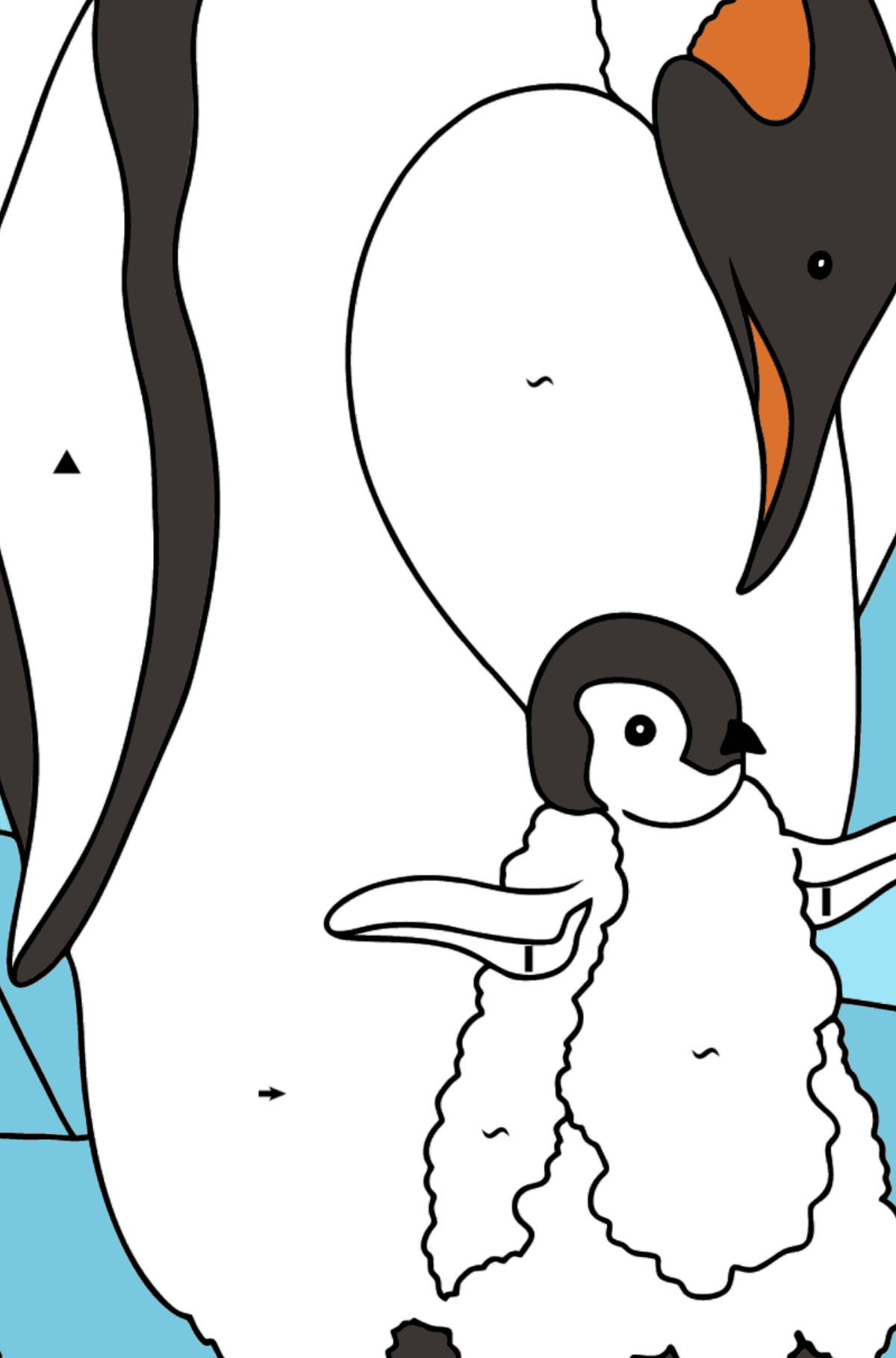 Dibujo para Colorear - Un Pingüino con su Bebé - Colorear por Símbolos para Niños