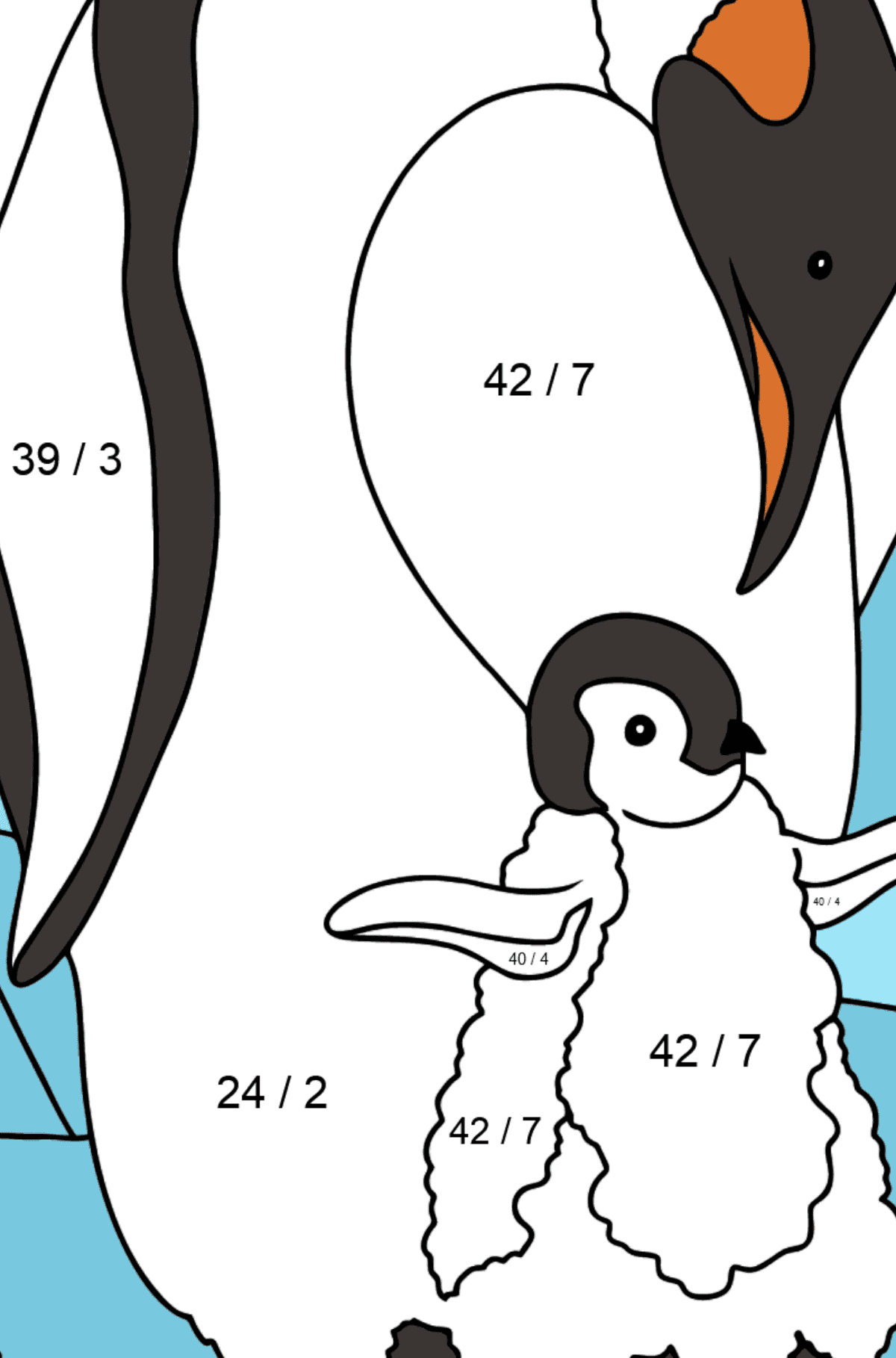 Розмальовка Пінгвін для малюків - Математична Розмальовка Ділення для дітей