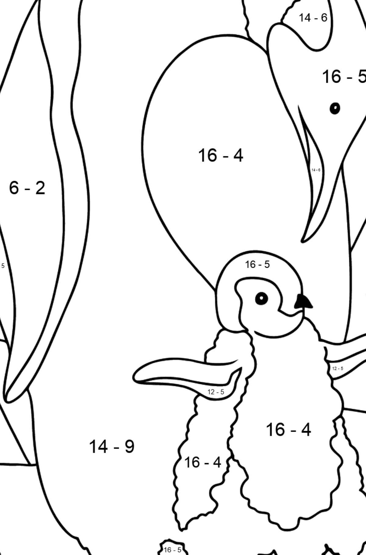 Malvorlage - Ein Pinguin mit einem Baby - Mathe Ausmalbilder - Subtraktion für Kinder