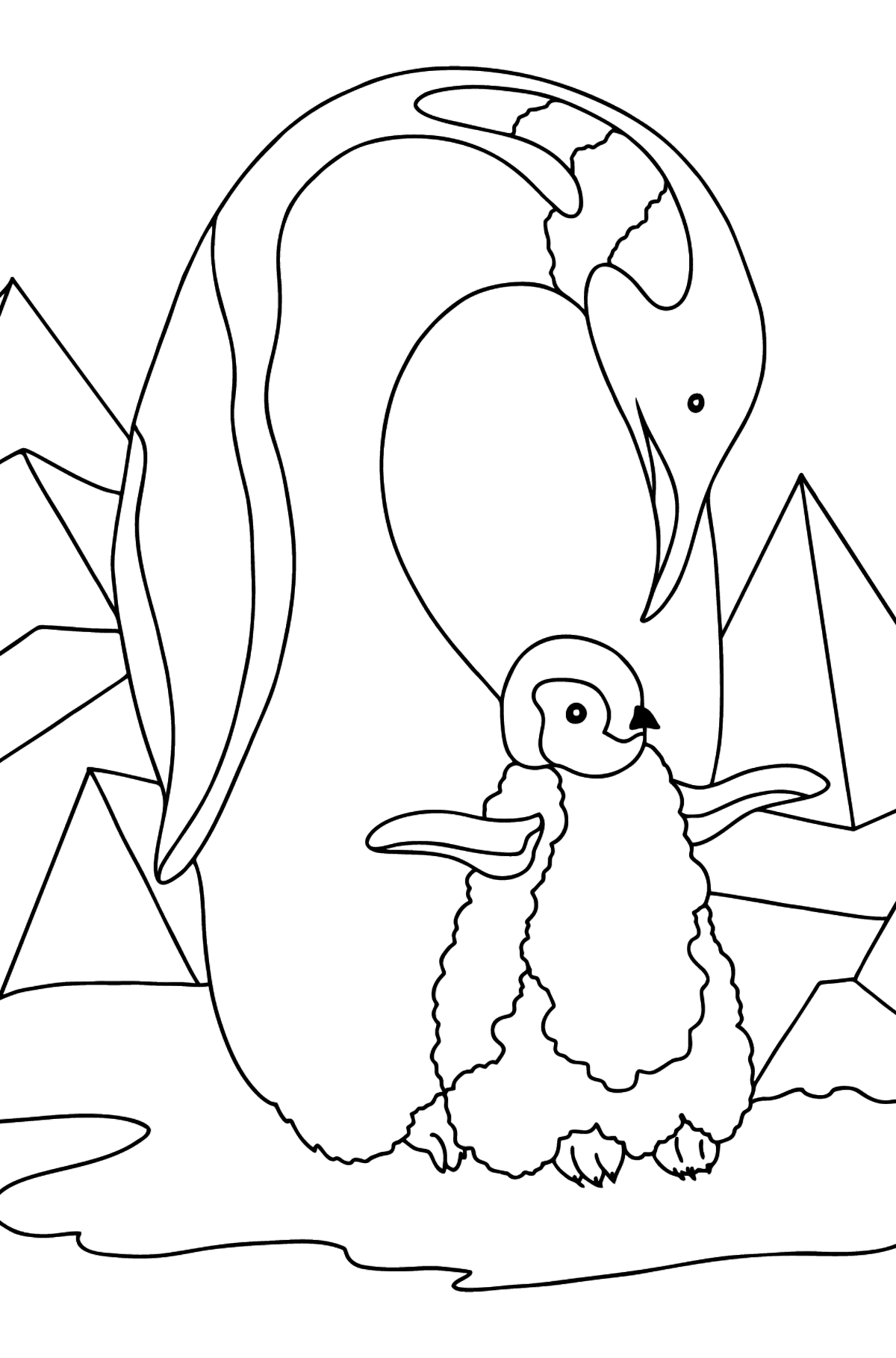 Dibujo para Colorear - Un Pingüino con un Polluelo - Dibujos para Colorear para Niños