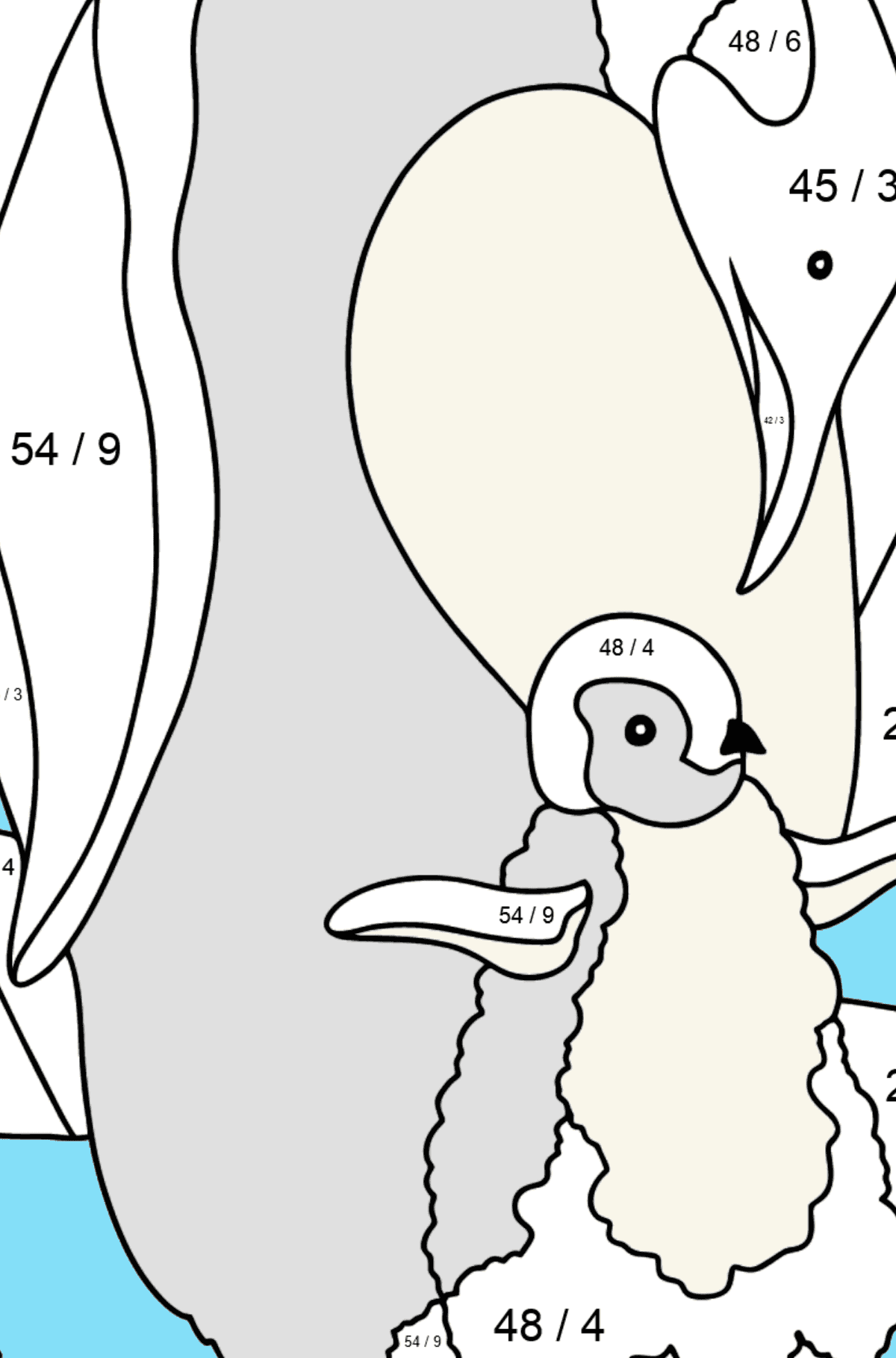 Dibujo para Colorear - Un Pingüino con un Polluelo - Colorear con Matemáticas - Divisiones para Niños