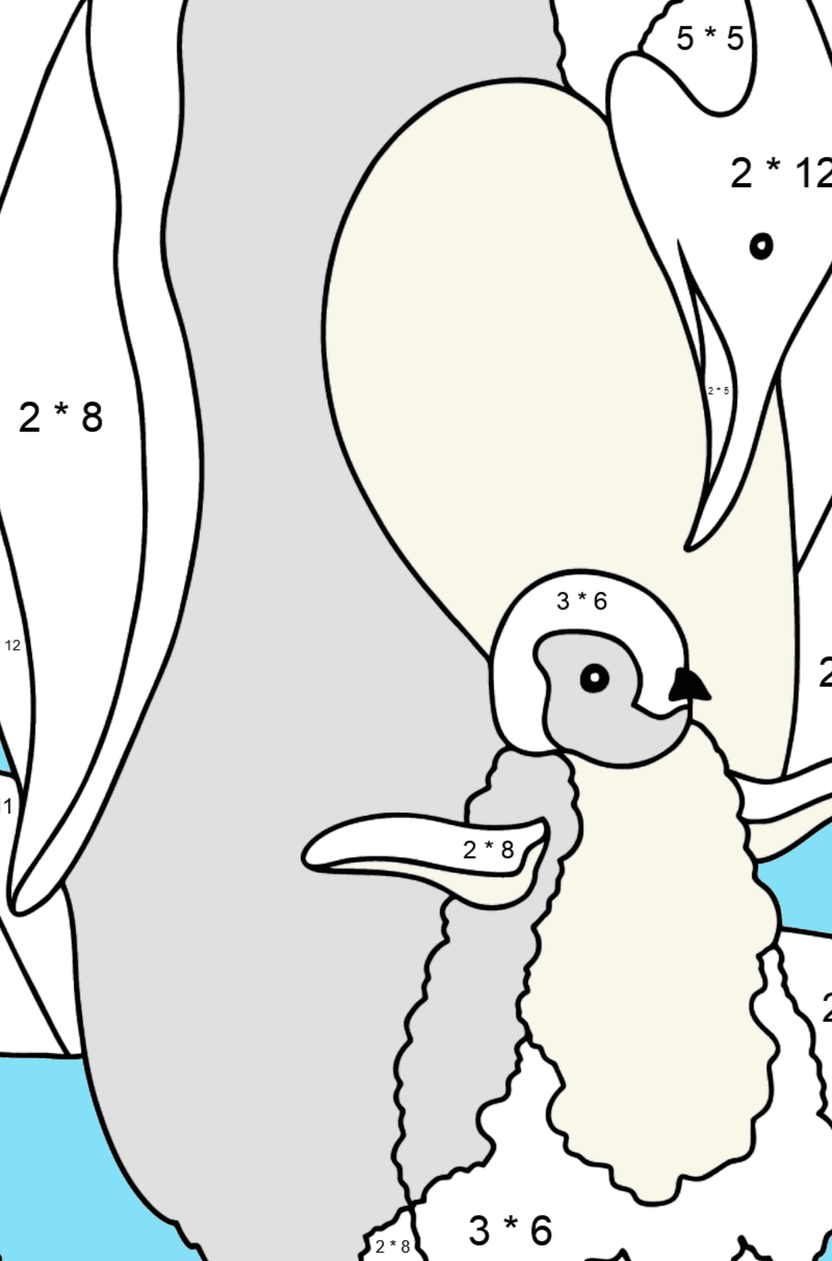 Ausmalbild - Ein Pinguin mit einem Pinguinküken - Mathe Ausmalbilder - Multiplikation für Kinder