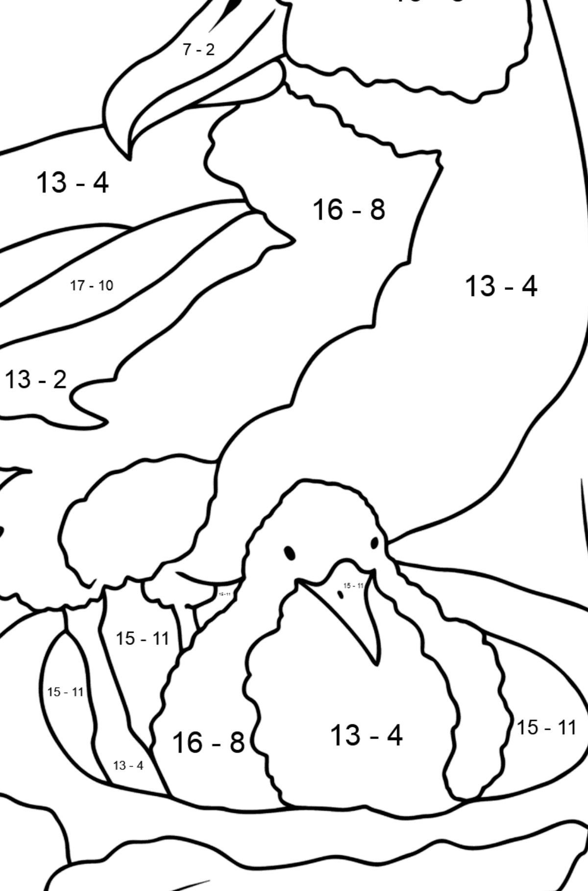 Tegning til farvning albatros for børn - Matematisk farvelægning side -- Subtraktion for børn