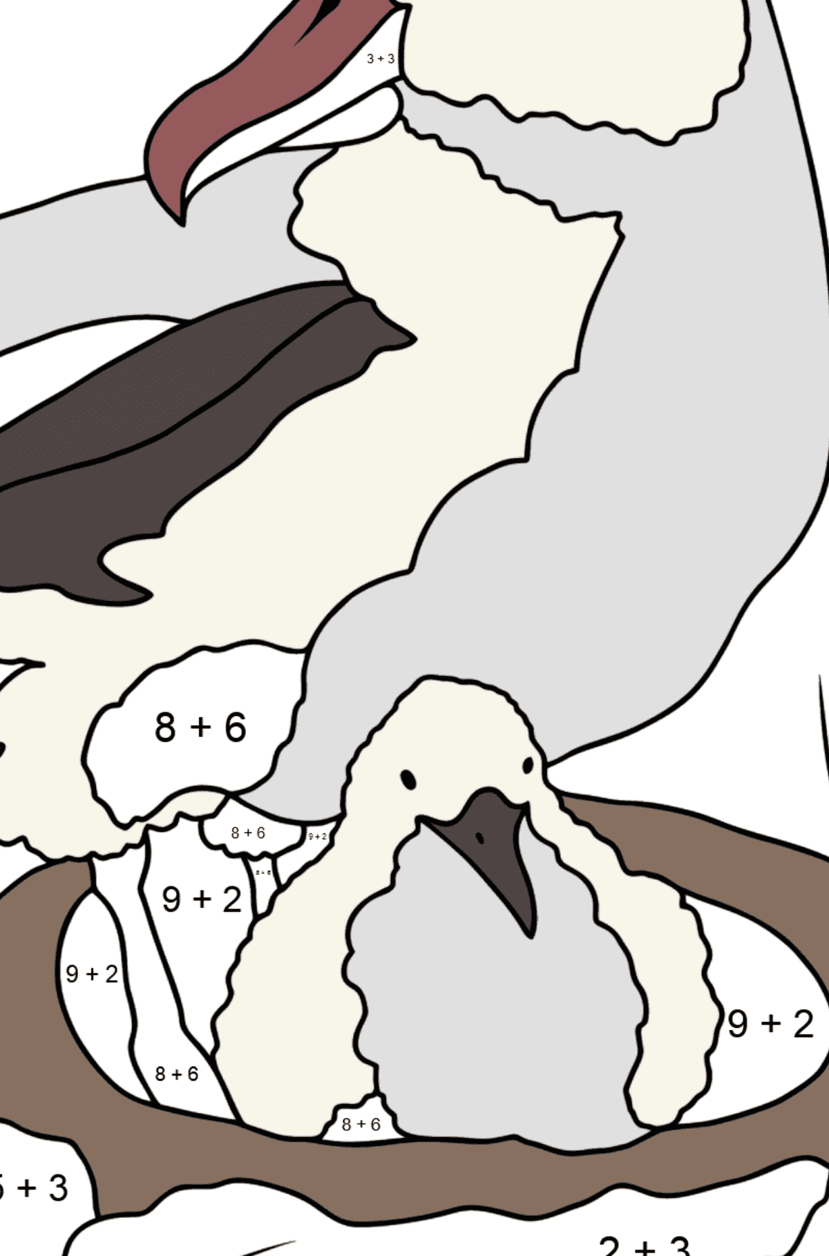 Ausmalbild - Ein Albatros mit Nestling - Mathe Ausmalbilder - Addition für Kinder