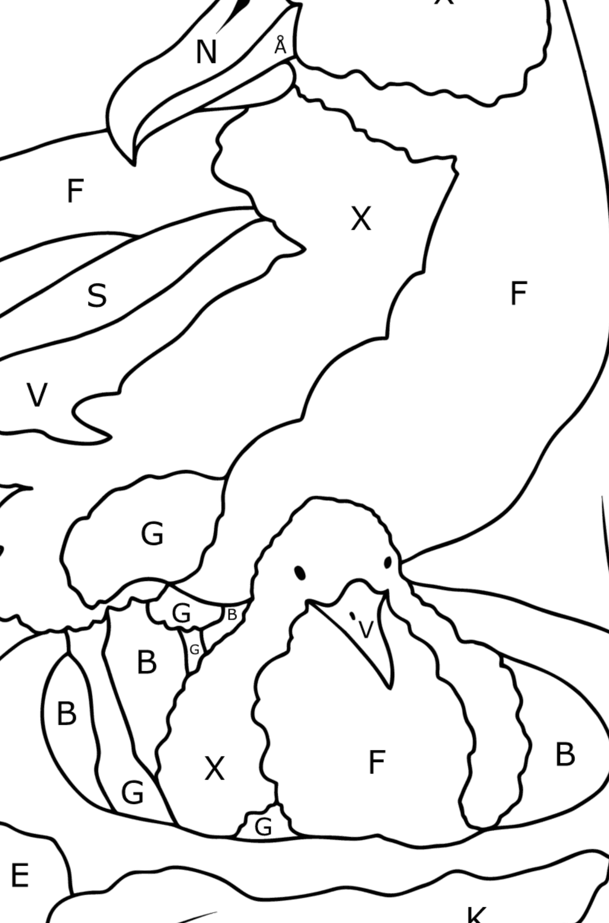 Tegning til farvning albatros (vanskeligt) - Farvelægning af brevene for børn