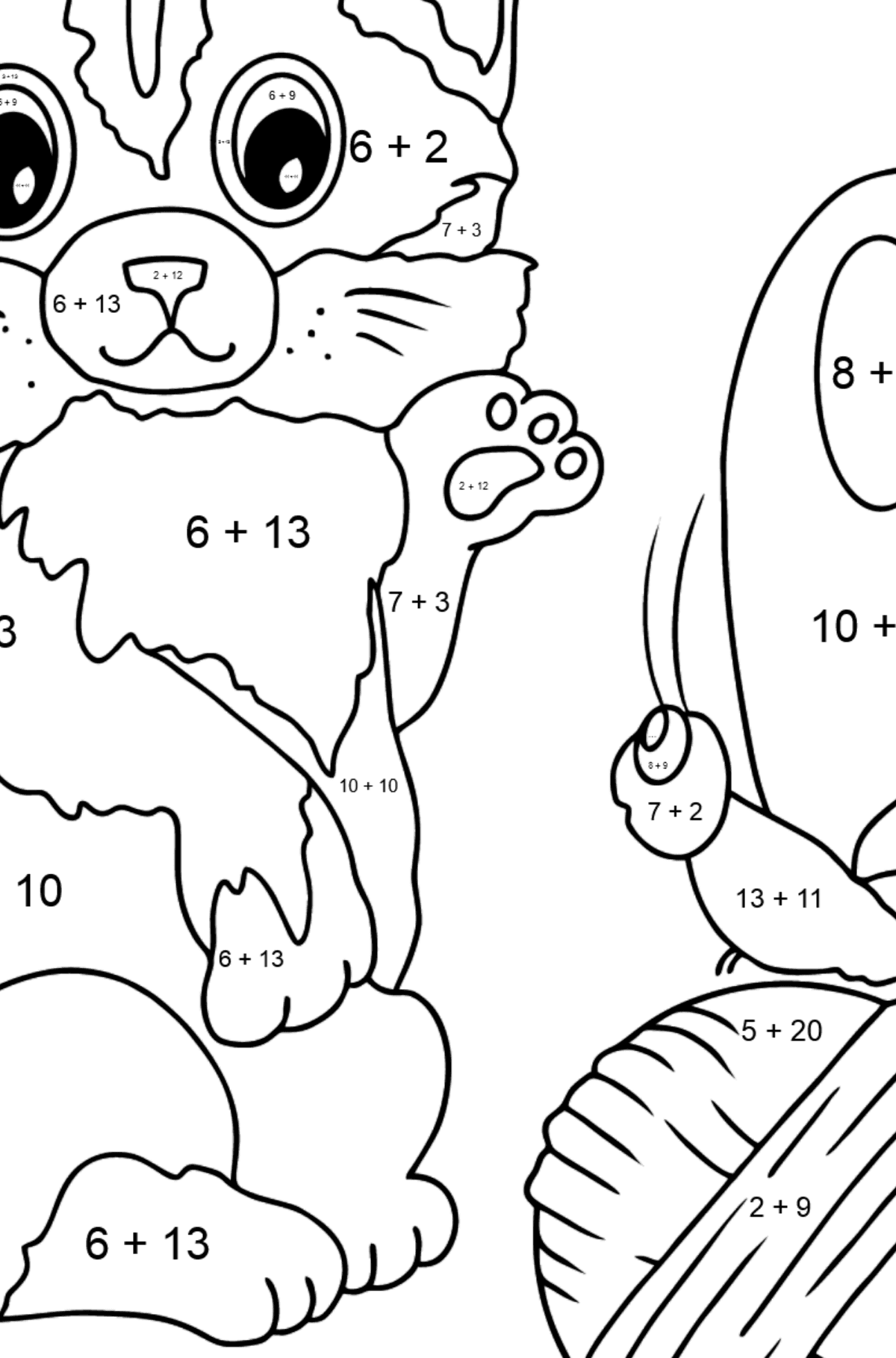 Disegno da colorare di gatto che gioca con una farfalla - Colorazione matematica - Addizione per bambini