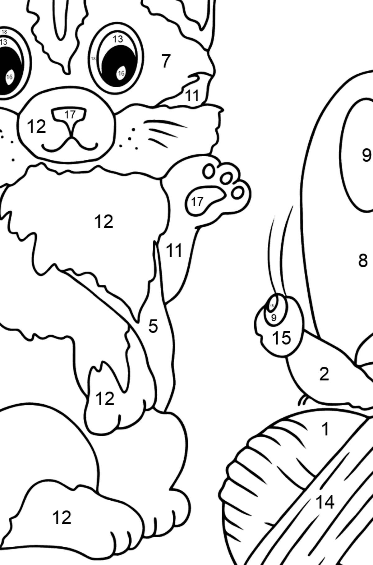 Disegno da colorare di gatto che gioca con una farfalla - Colorare per numero per bambini