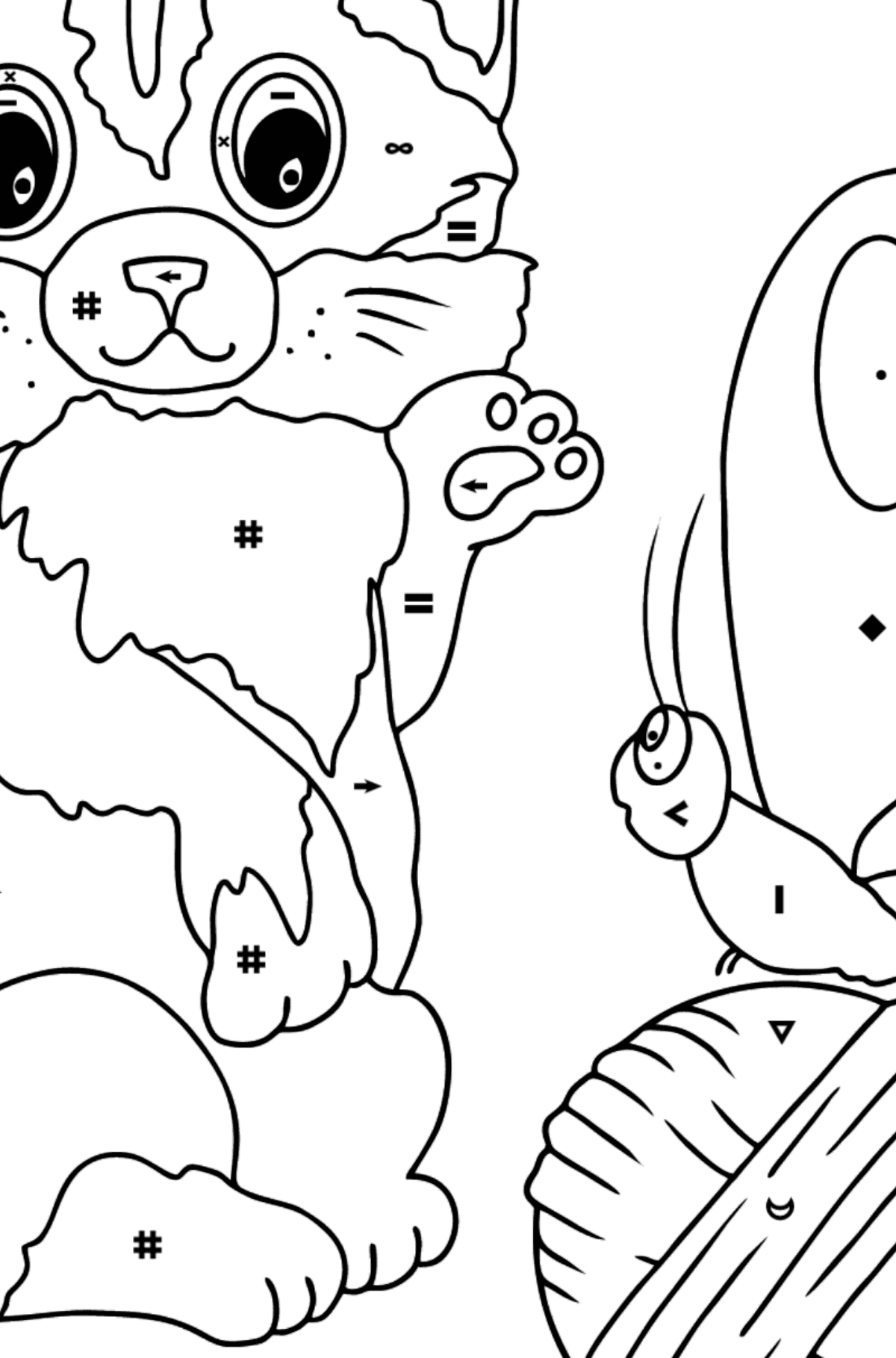 Disegno da colorare di gatto che gioca con una farfalla - Colorare per simboli per bambini
