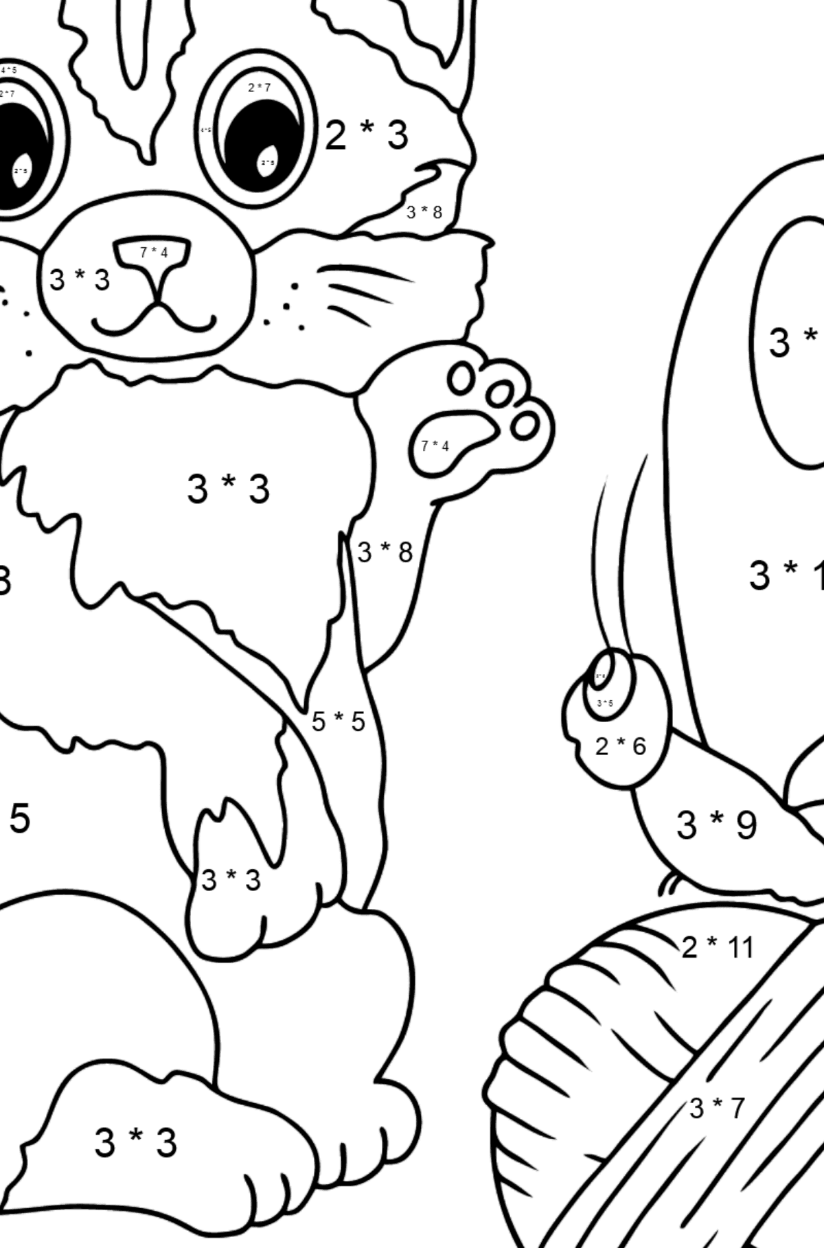 Disegno da colorare di gatto che gioca con una farfalla - Colorazione matematica - Moltiplicazione per bambini
