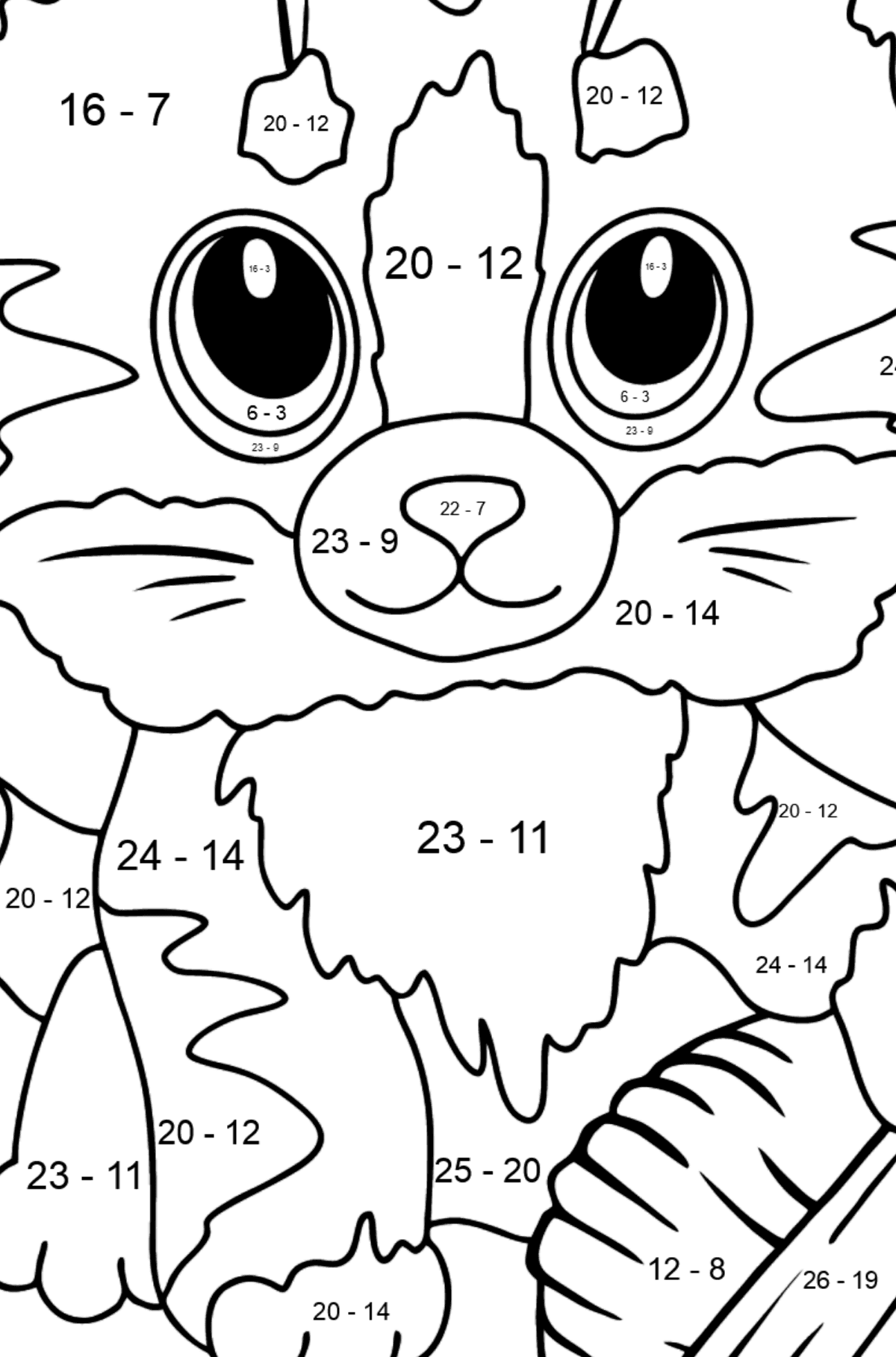Disegno da colorare di gatto con fili - Colorazione matematica - Sottrazione per bambini