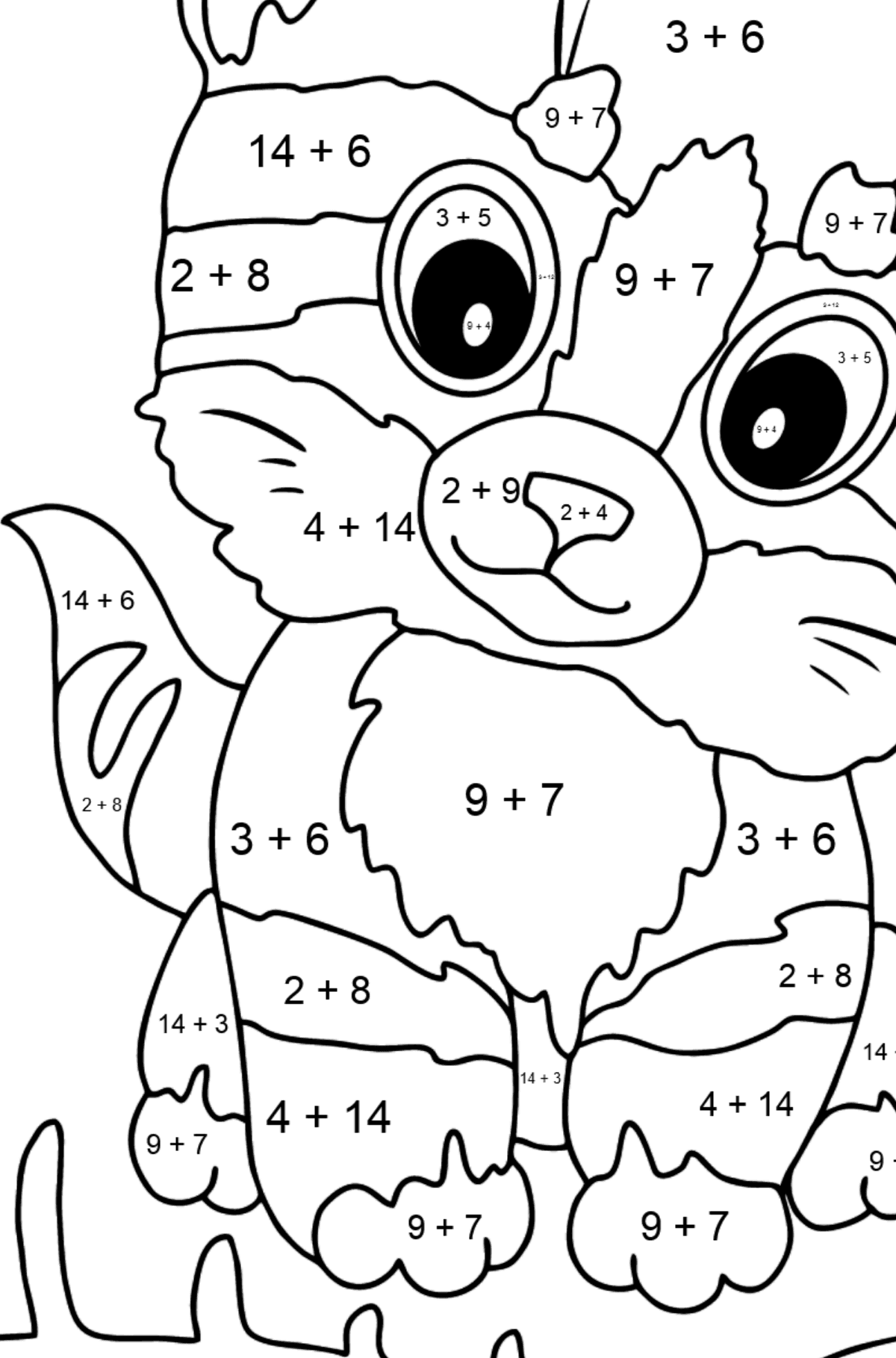 Kolorowanka Kot z rybą kością - Kolorowanki matematyczne dodawanie dla dzieci