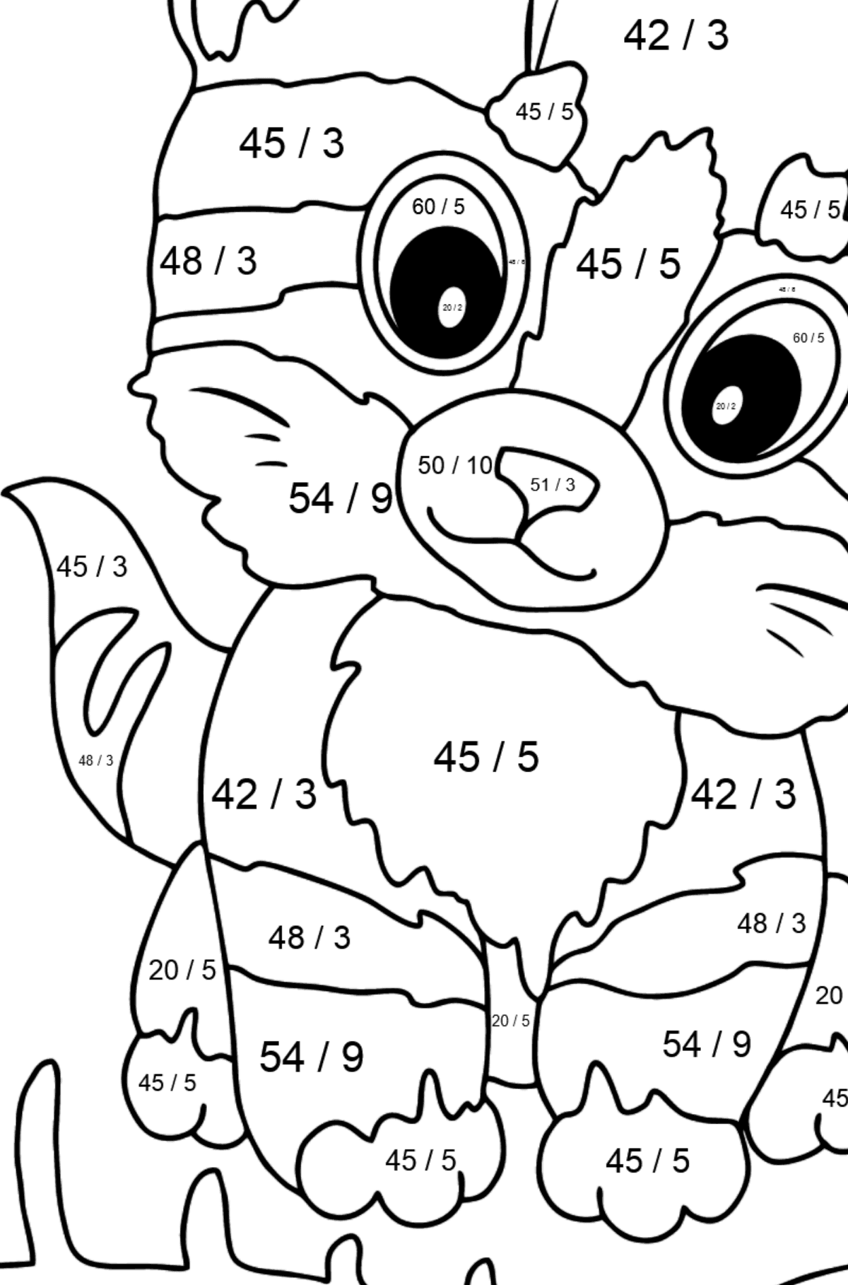 Kolorowanka Kot z rybą kością - Kolorowanki matematyczne dzielenie dla dzieci