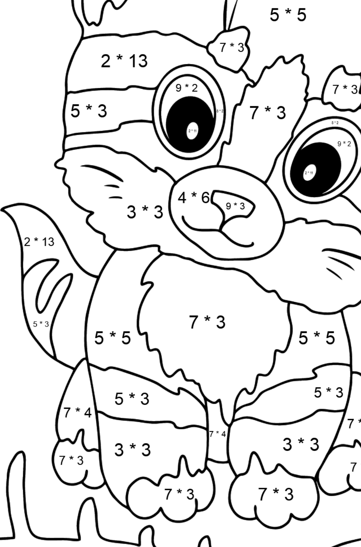 Kolorowanka Kot z rybą kością - Kolorowanki matematyczne mnożenie dla dzieci