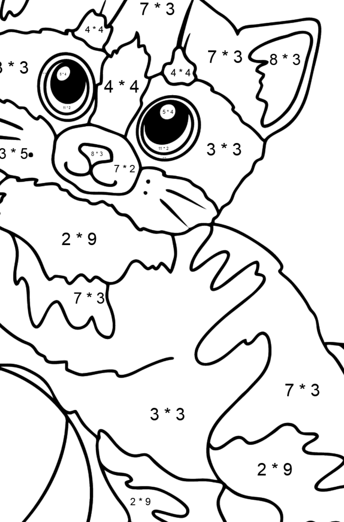 Gattino divertente di Disegno da colorare - Colorazione matematica - Moltiplicazione per bambini