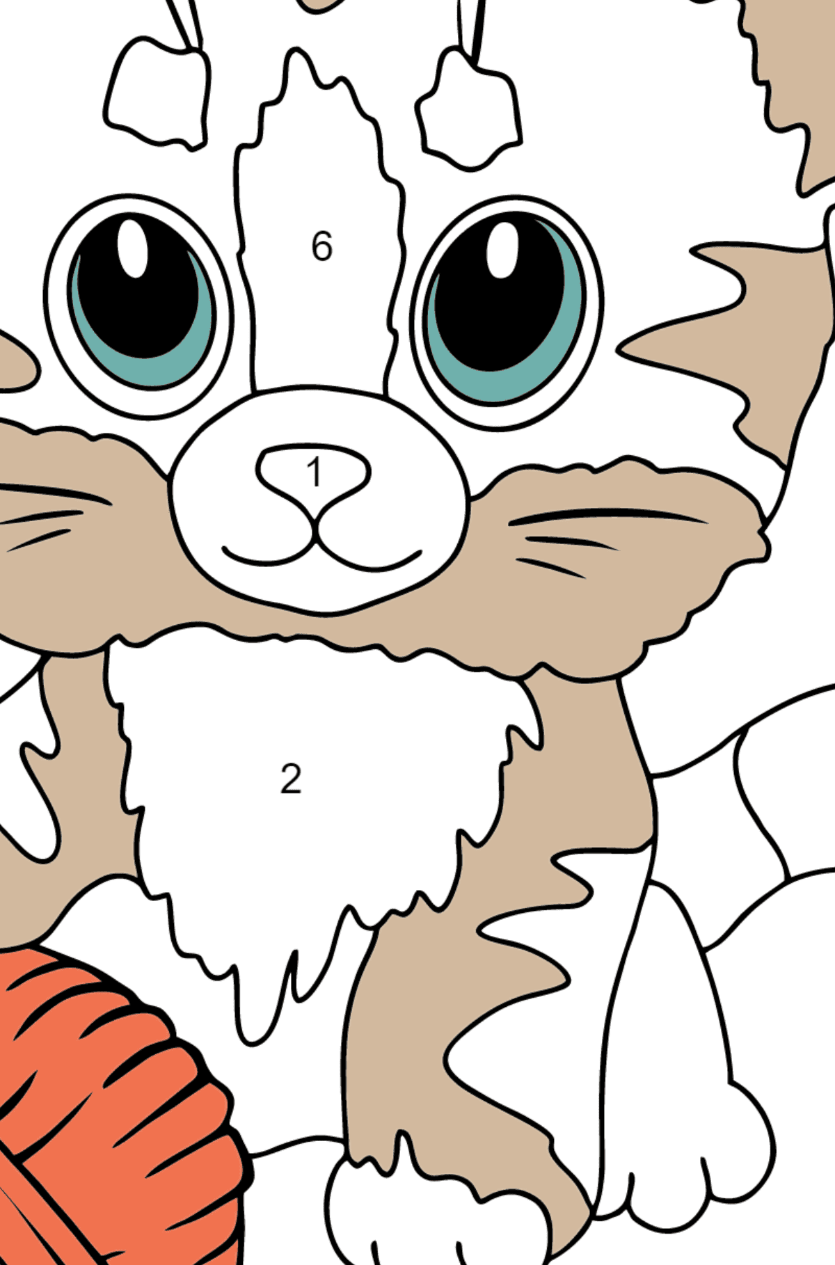 Dibujo de Gatito y Bola de hilo para colorear - Colorear por Números para Niños