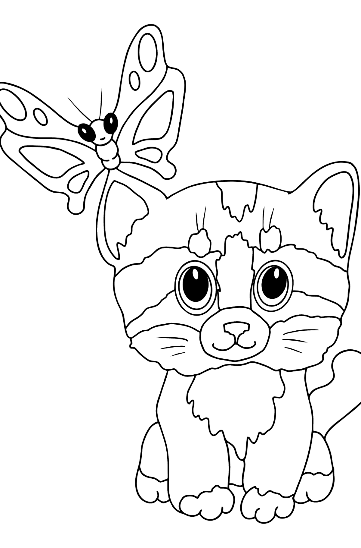 Disegno da colorare di gattino e farfalla - Disegni da colorare per bambini