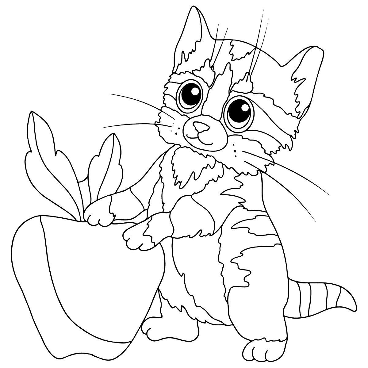 Coloring page. Cute artist kitten with easel and paint brush