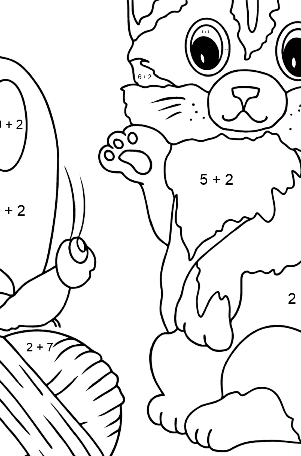 Disegno da colorare di gattino - Colorazione matematica - Addizione per bambini
