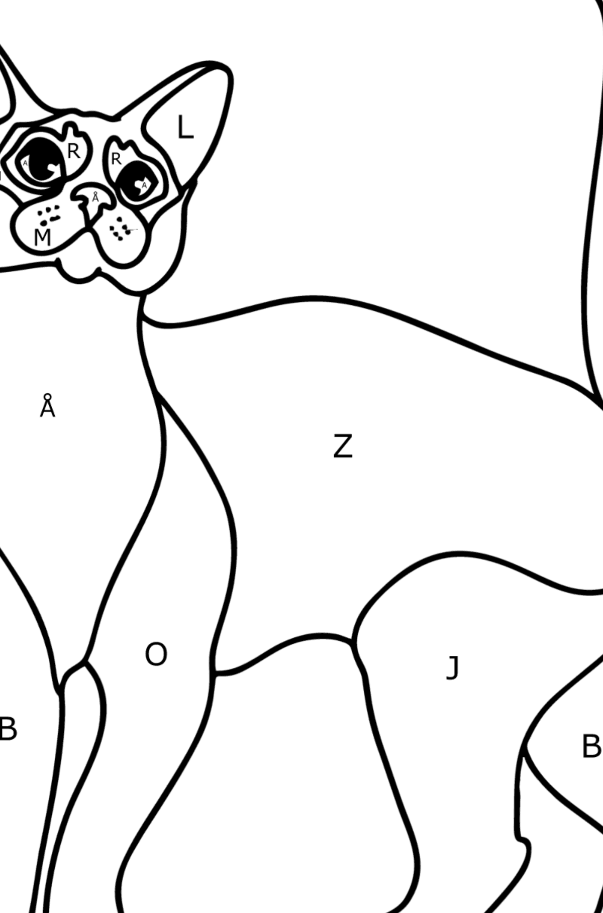 Tegning til fargelegging Abessinisk katt - Fargelegge etter bokstaver for barn