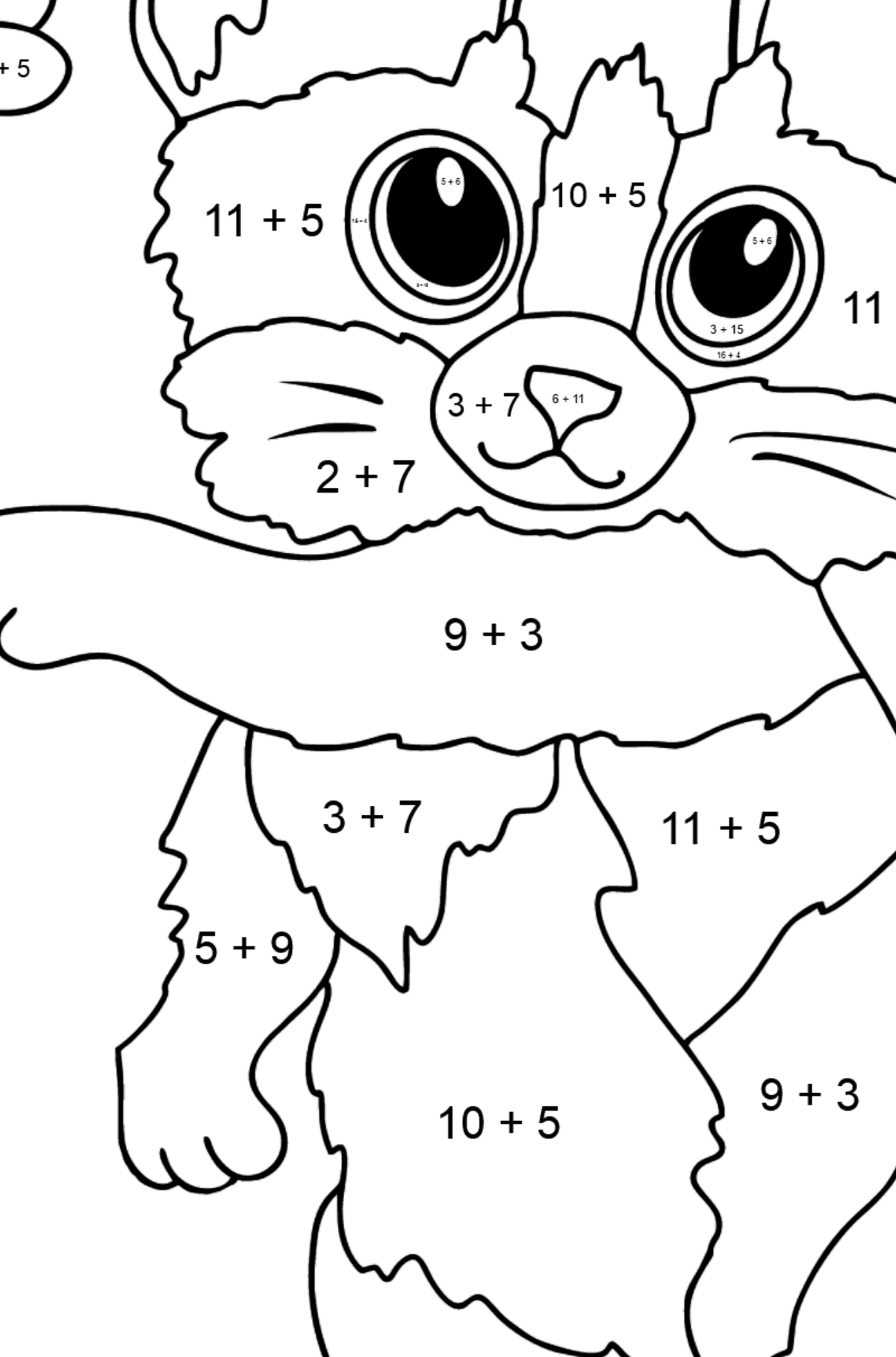 Disegno da colorare di gattino allo zenzero con farfalle - Colorazione matematica - Addizione per bambini