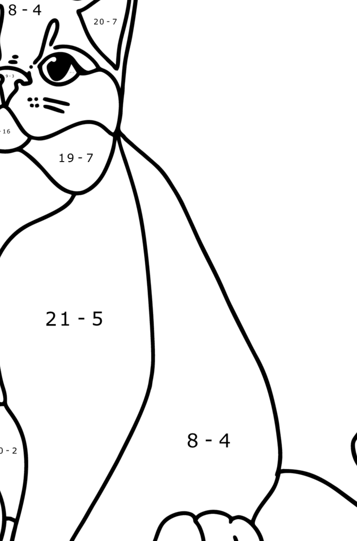 Ausmalbild Britische Katze - Mathe Ausmalbilder - Subtraktion für Kinder