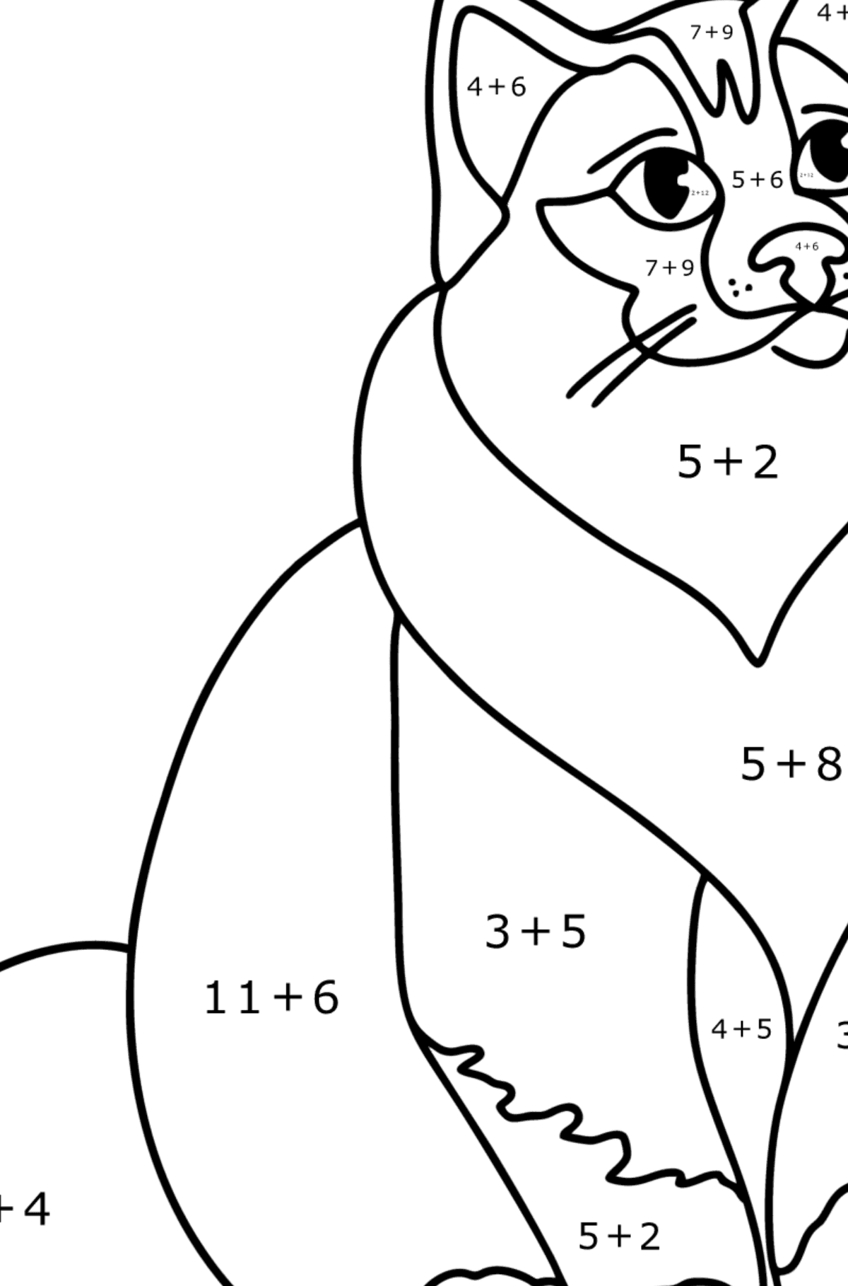 Розмальовка Бірманська кішка - Математична Розмальовка Додавання для дітей