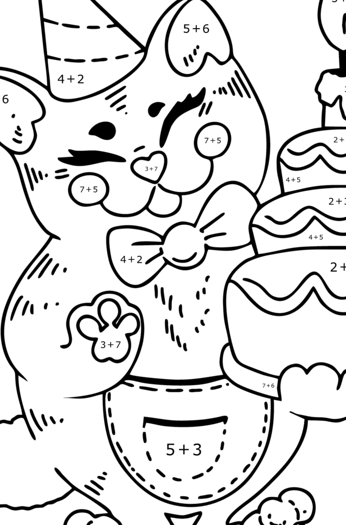 Cat Birthday coloring page - Math Coloring - Addition for Kids