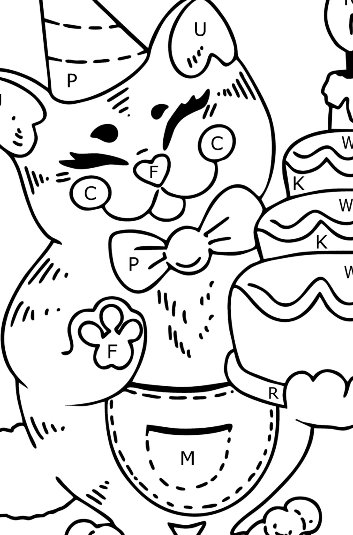 Tegning til farvning katte fødselsdag - Farvelægning af brevene for børn