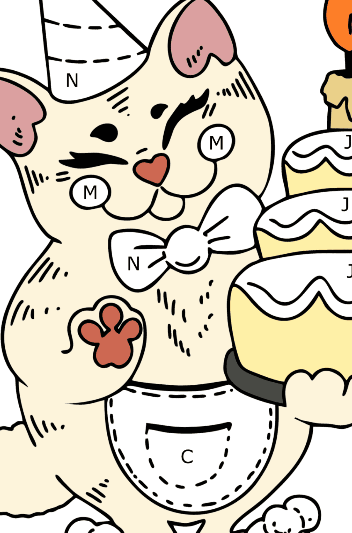 Dibujo de Cumpleaños de gato para colorear - Colorear por Letras para Niños
