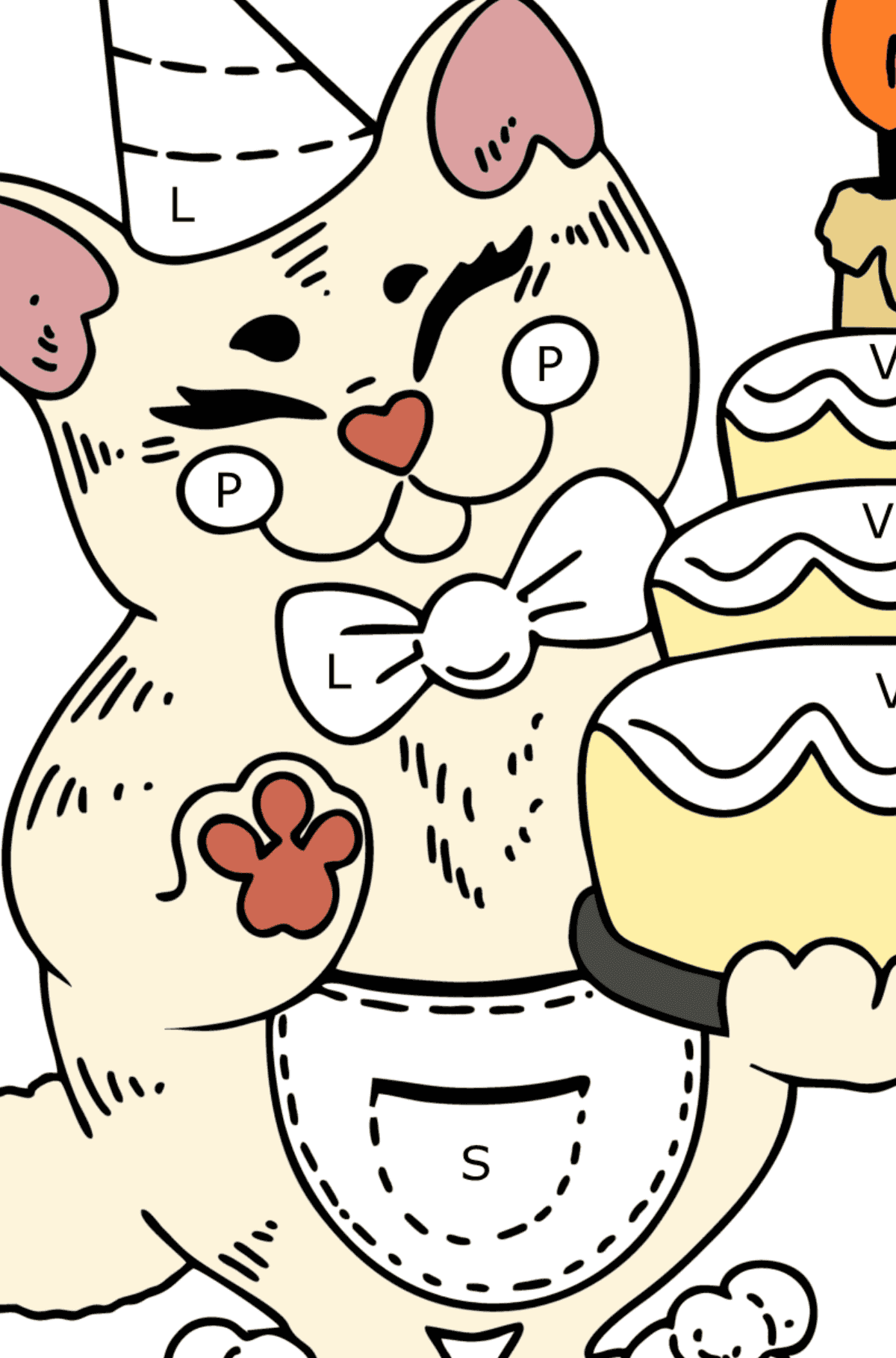 Desenho para colorir aniversário do gato - Colorir por Letras para Crianças