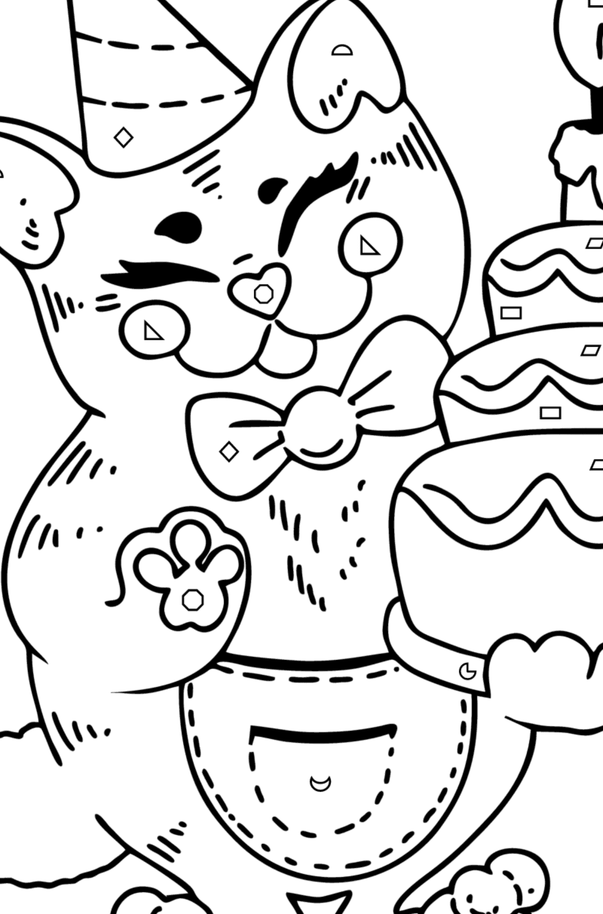 Tegning til farvning katte fødselsdag - Farvelægning af geometriske figurer for børn
