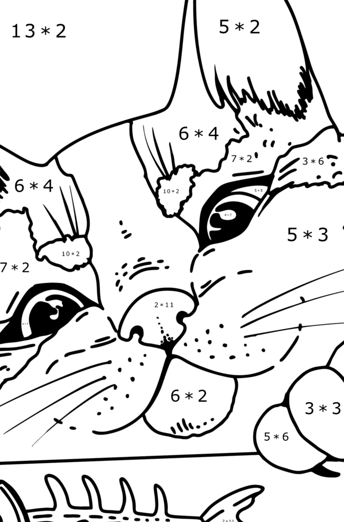 Tegning til farvning kattehoved - Matematisk farvelægning side -- Multiplikation for børn
