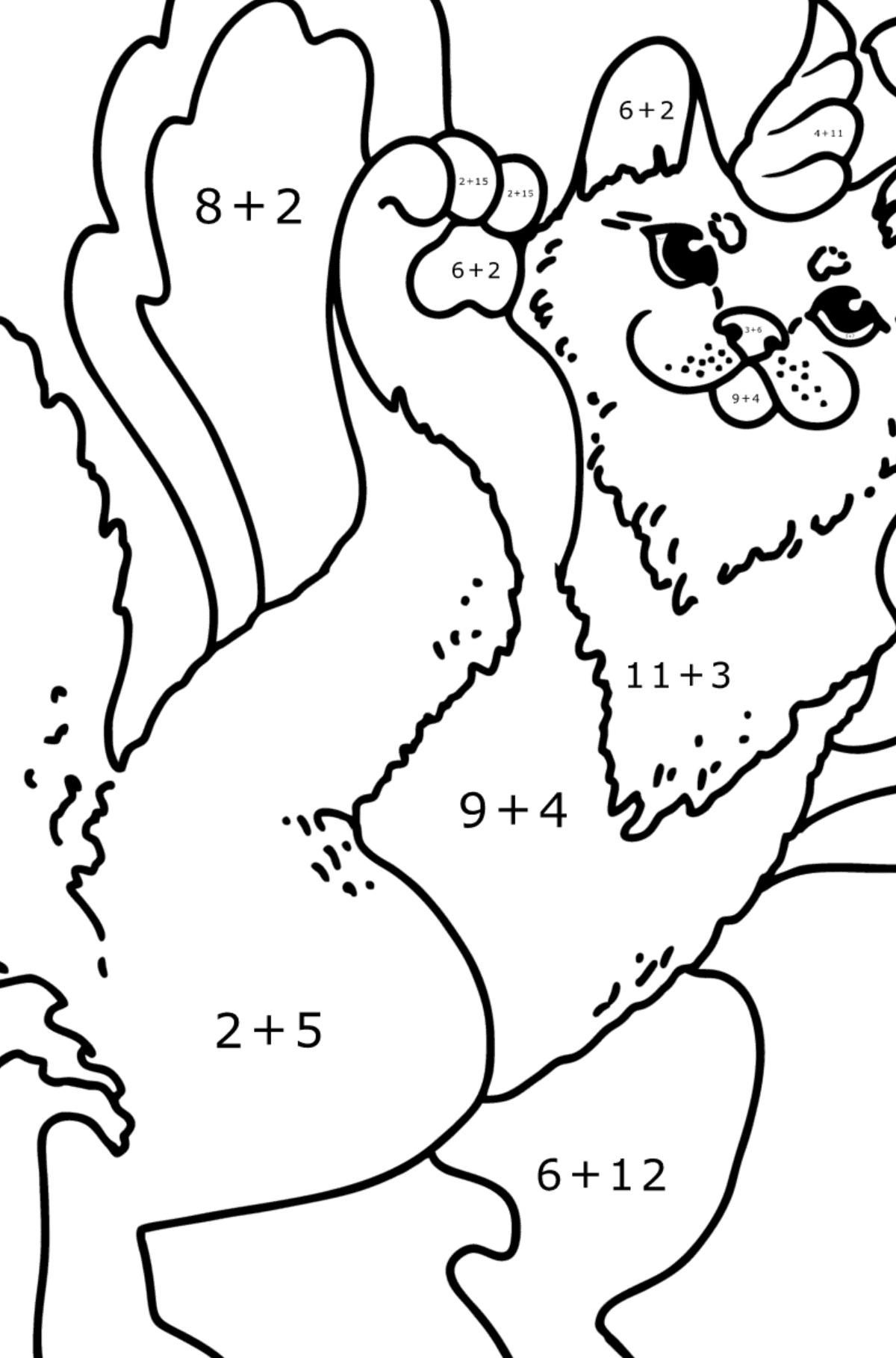 Disegno di gatto unicorno da colorare - Colorazione matematica - Addizione per bambini