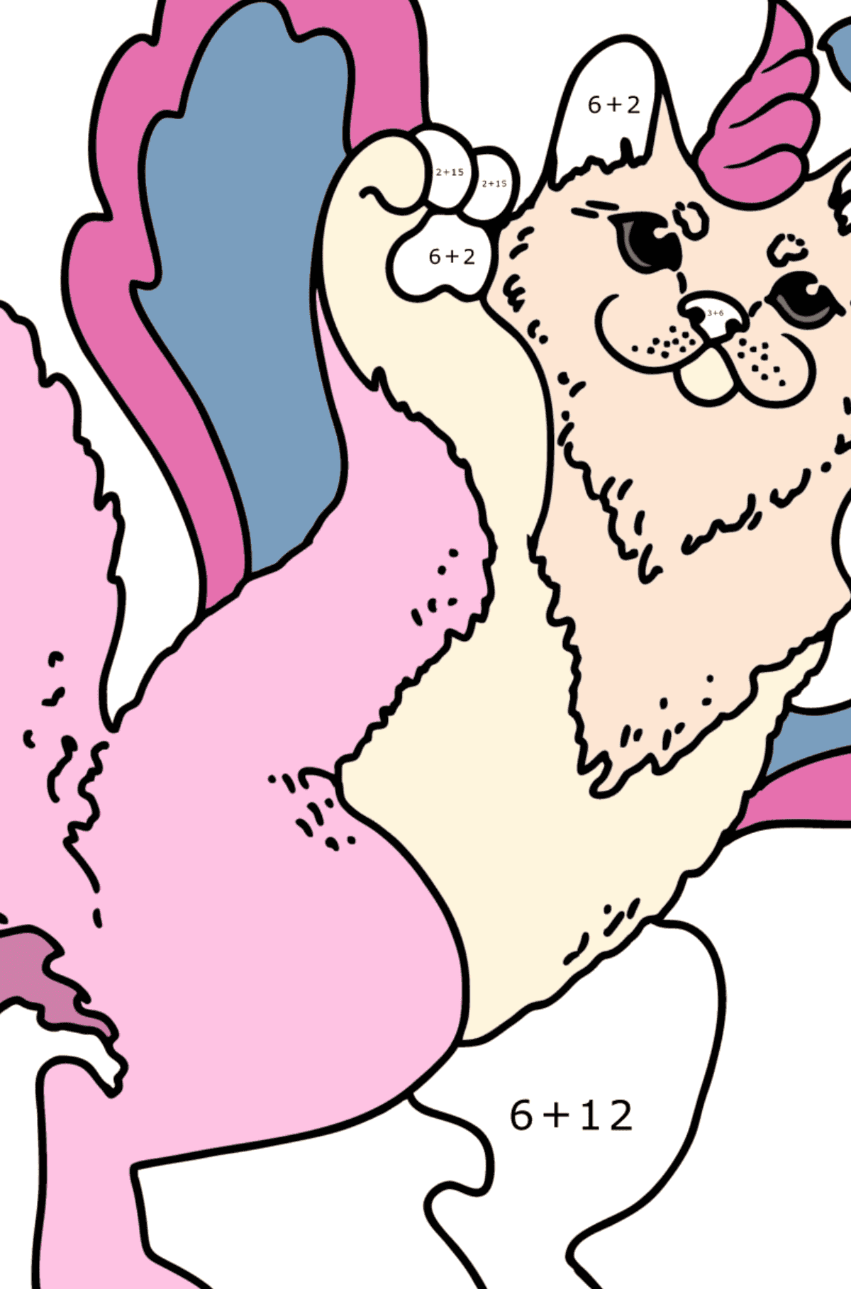 Dibujo de Gato Unicornio para colorear - Colorear con Matemáticas - Sumas para Niños
