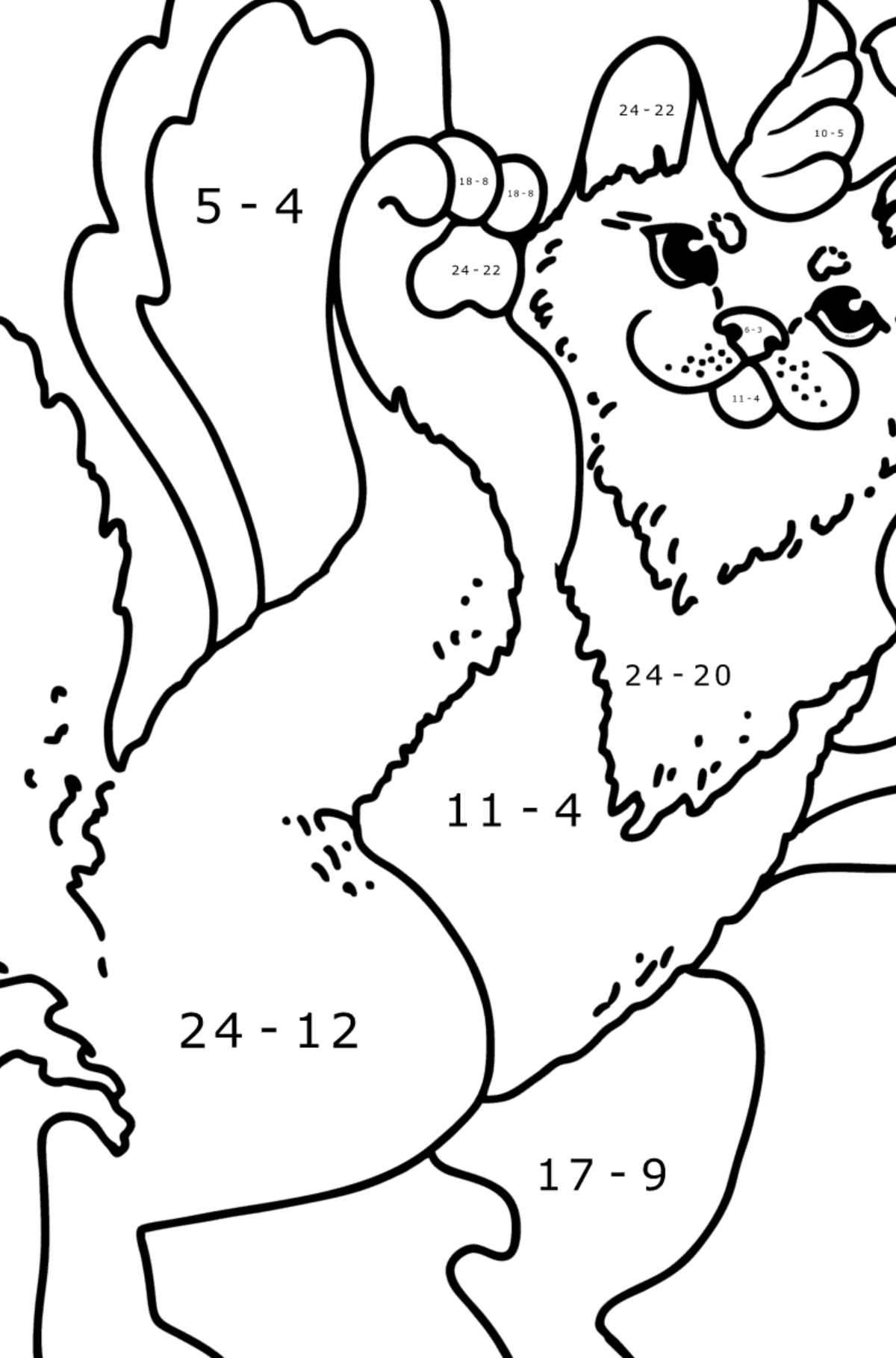 Tegning til farvning kat enhjørning - Matematisk farvelægning side -- Subtraktion for børn