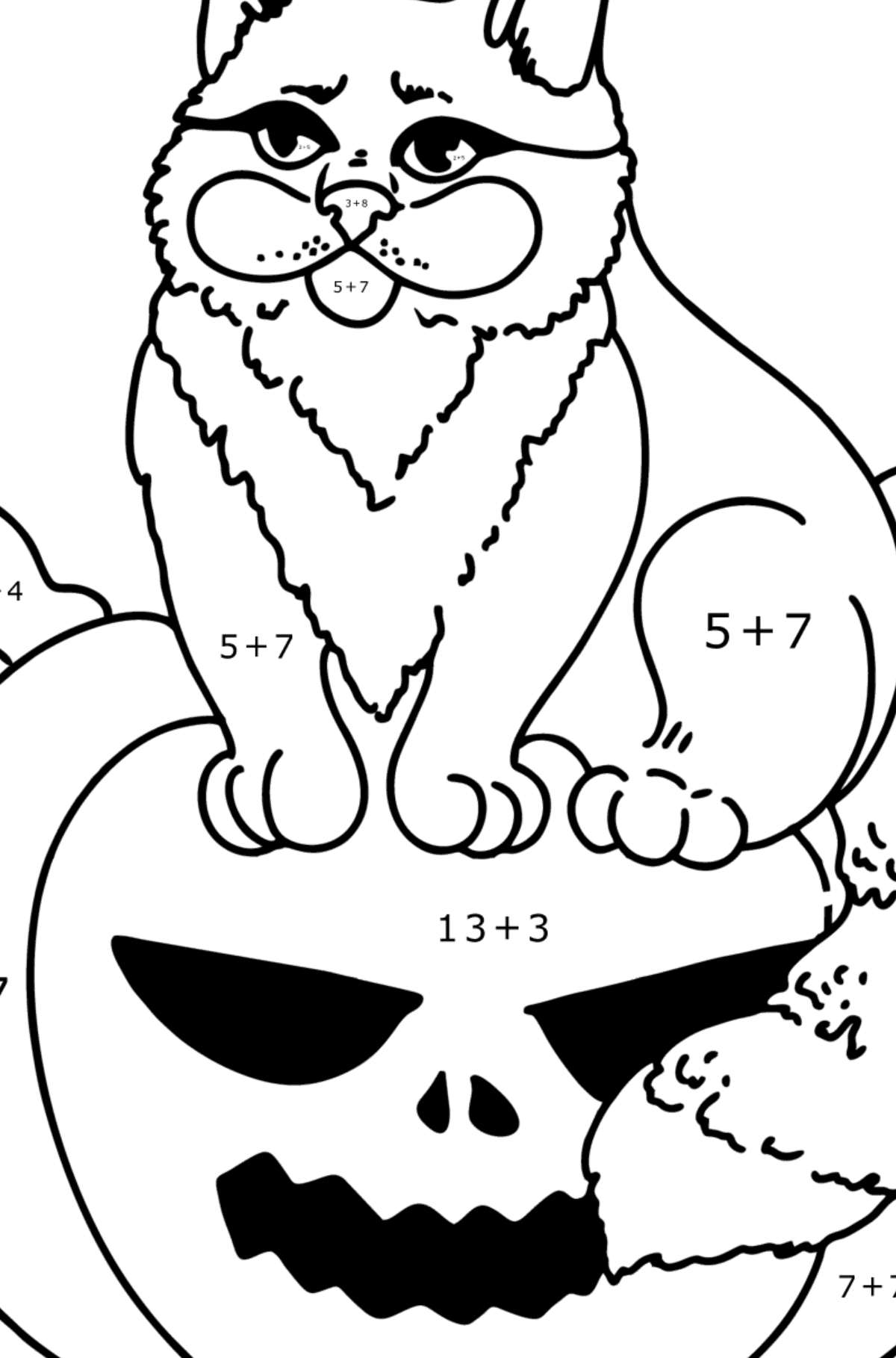 Disegno di Gatto di Halloween da colorare - Colorazione matematica - Addizione per bambini