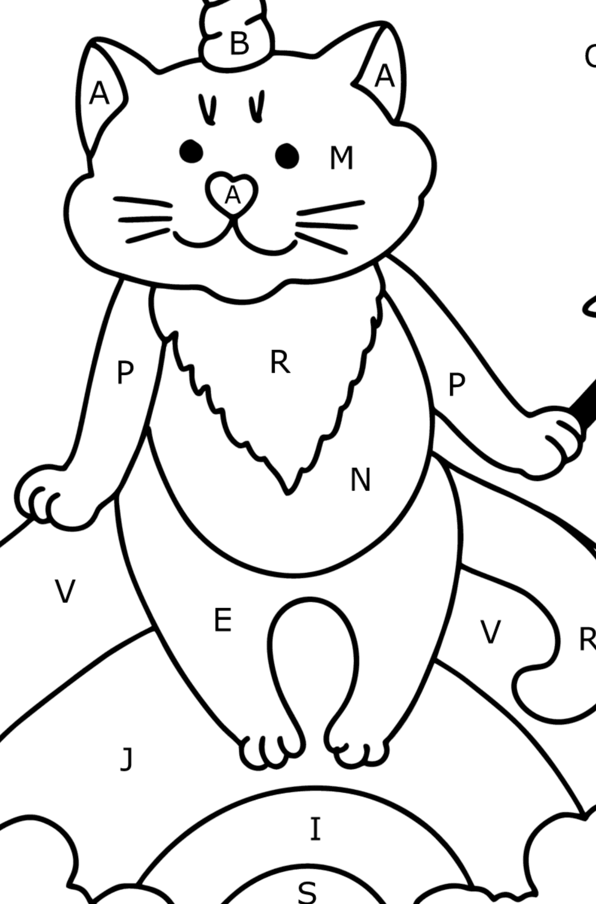 Ausmalbild Kätzchen Einhorn - Ausmalen nach Buchstaben für Kinder