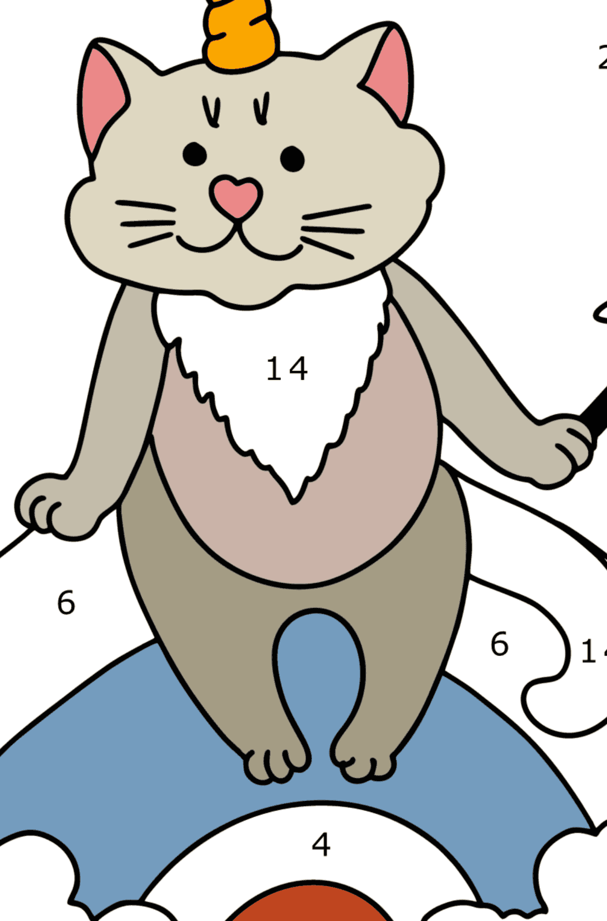 Ausmalbild Kätzchen Einhorn - Malen nach Zahlen für Kinder